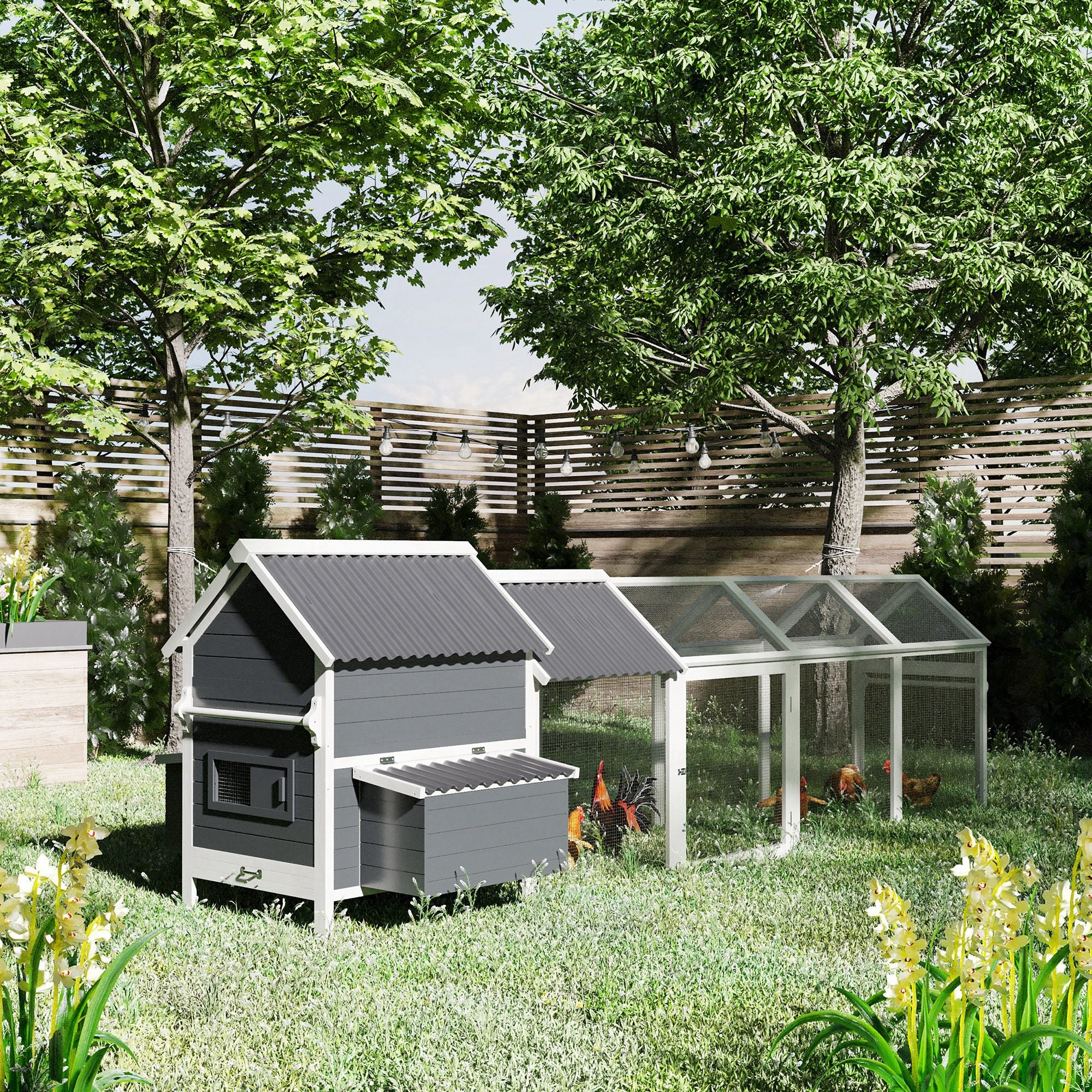 PawHut 162" Large Chicken Coop Wooden for 6-8 Chickens with Handles, Outdoor Chicken Cage Hen House with 2 Nesting Boxes, Water-resistant Roof, Removable Tray, Ramp, Storm Gray