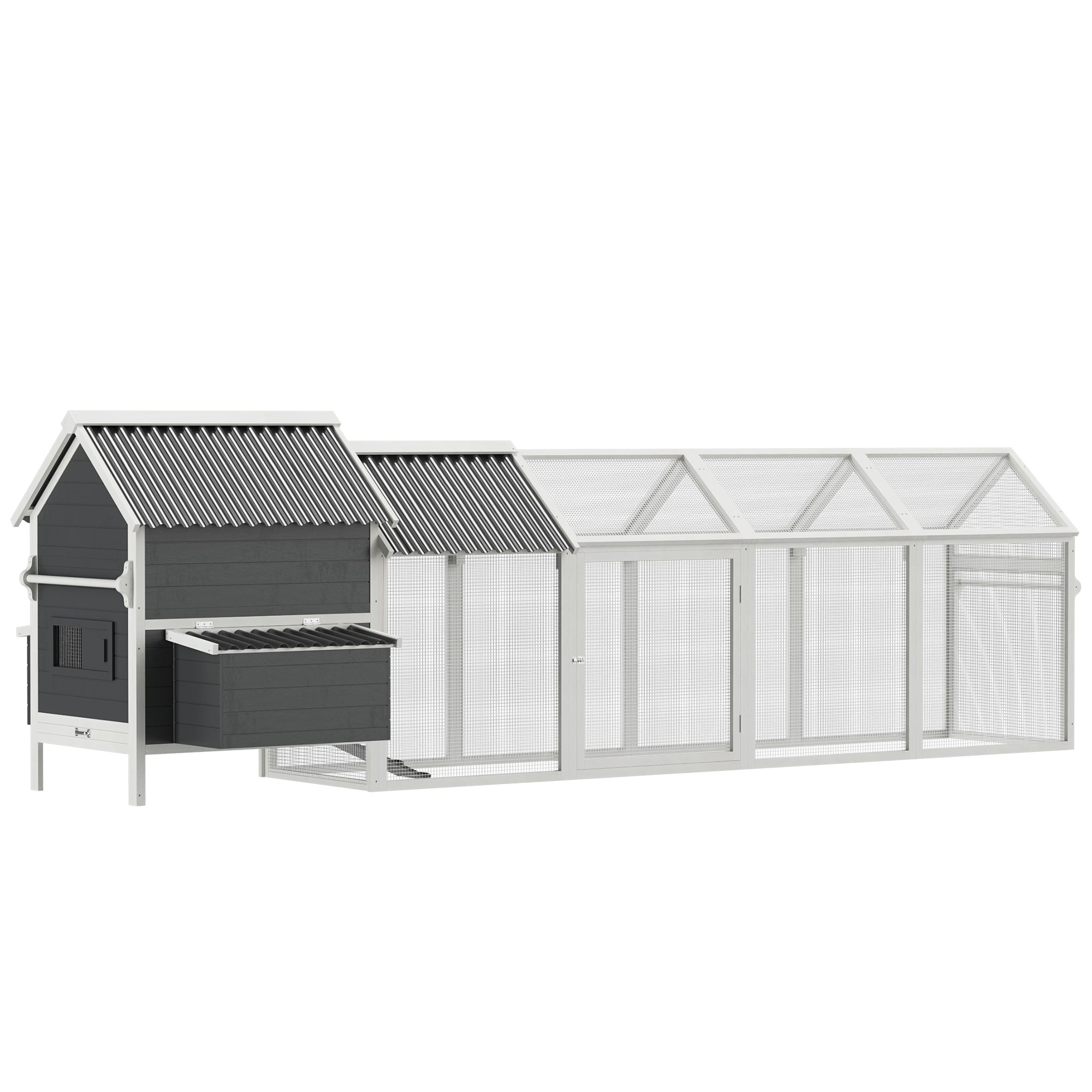 PawHut 162" Large Chicken Coop Wooden for 6-8 Chickens with Handles, Outdoor Chicken Cage Hen House with 2 Nesting Boxes, Water-resistant Roof, Removable Tray, Ramp, Storm Gray