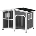 Charger l'image dans la visionneuse de la galerie, Wooden Dog House Outdoor with Removable Bottom, Cabin Style Raised Pet Kennel, with Openable Asphalt Roof, Door Curtain, Side Windows for Large Sized Dog, Dark Grey