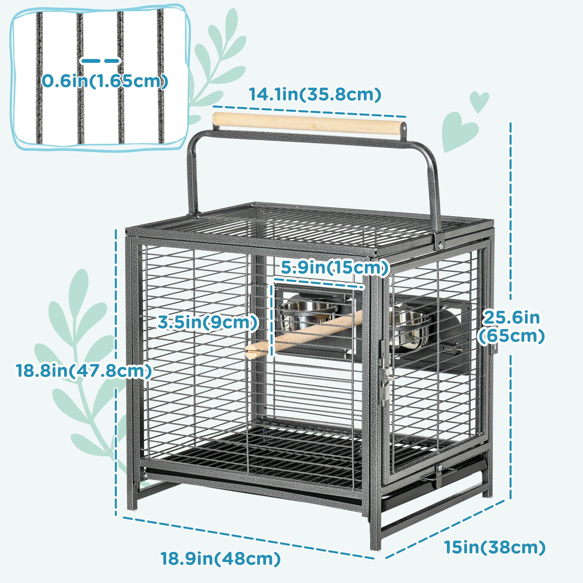 Bird Travel Carrier Cage for Parrots Conures African Grey Cockatiel Parakeets with Stand Perch, Stainless Steel Bowls, Pull Out Tray, Black