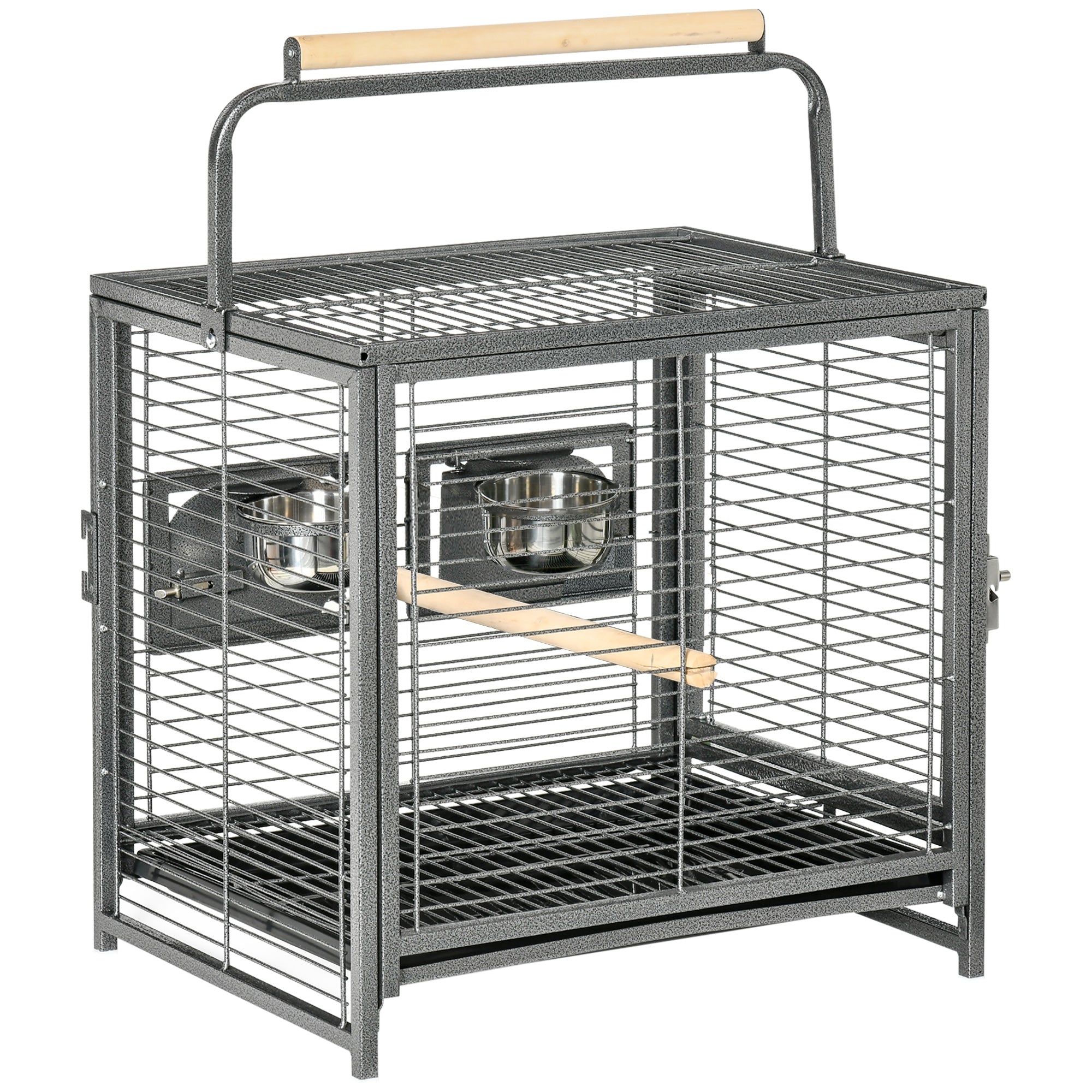 Bird Travel Carrier Cage for Parrots Conures African Grey Cockatiel Parakeets with Stand Perch, Stainless Steel Bowls, Pull Out Tray, Black
