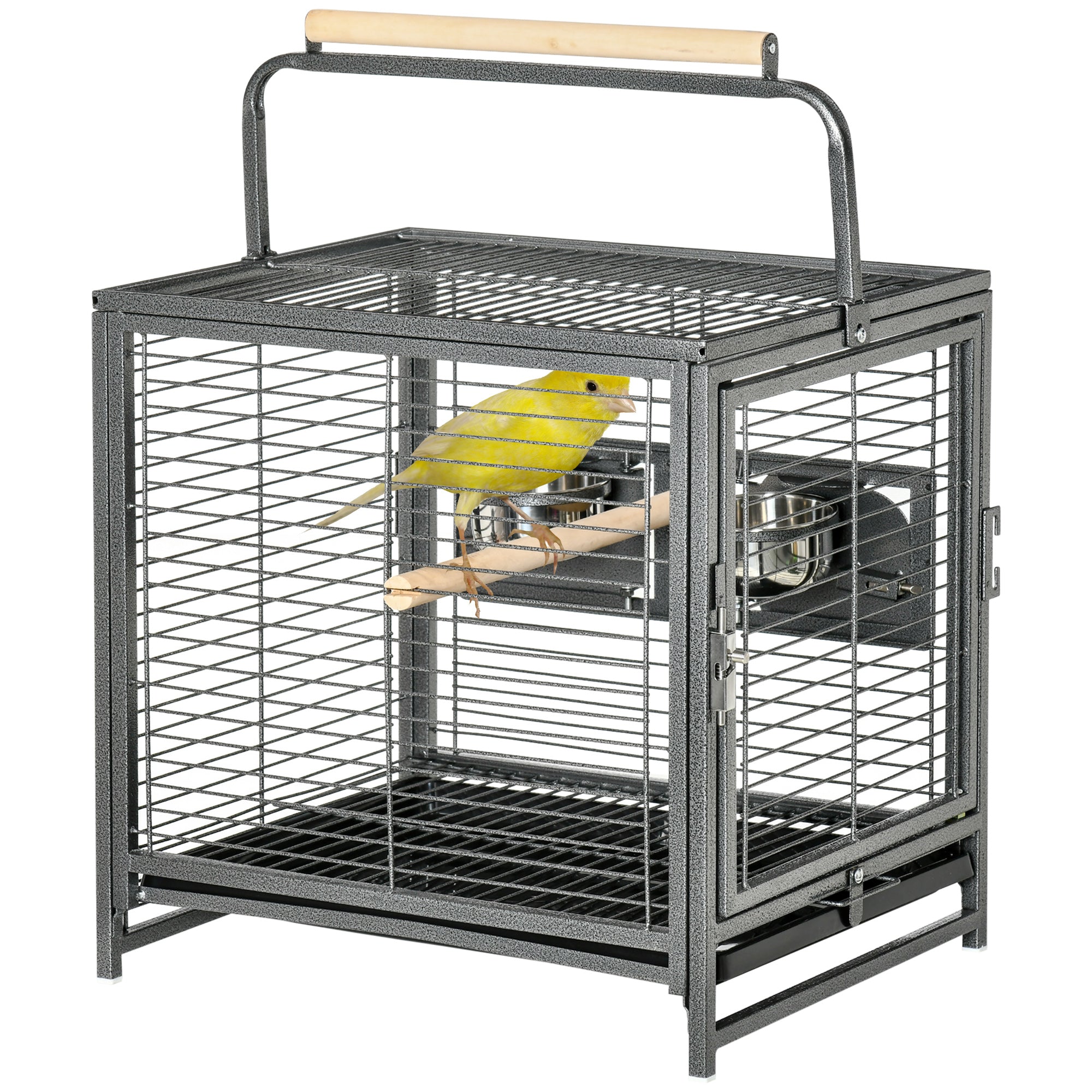 Bird Travel Carrier Cage for Parrots Conures African Grey Cockatiel Parakeets with Stand Perch, Stainless Steel Bowls, Pull Out Tray, Black