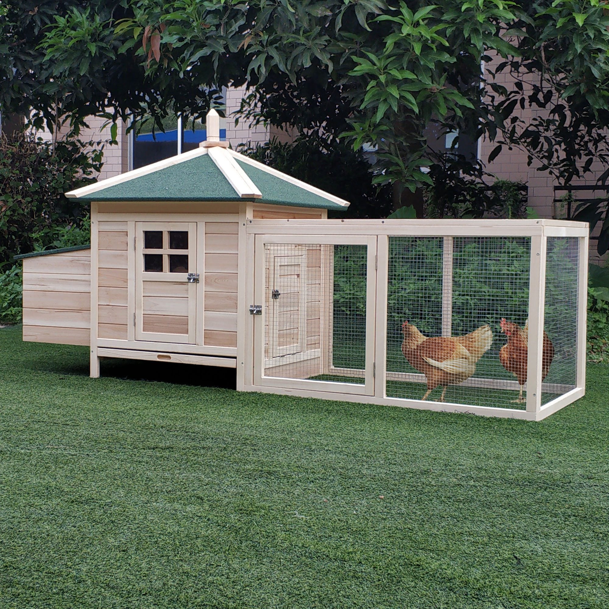 PawHut 77" Wooden Chicken Coop with Nesting Box, Cute Outdoor Hen House with Removable Tray, Ramp Run, for Garden Backyard, Natural