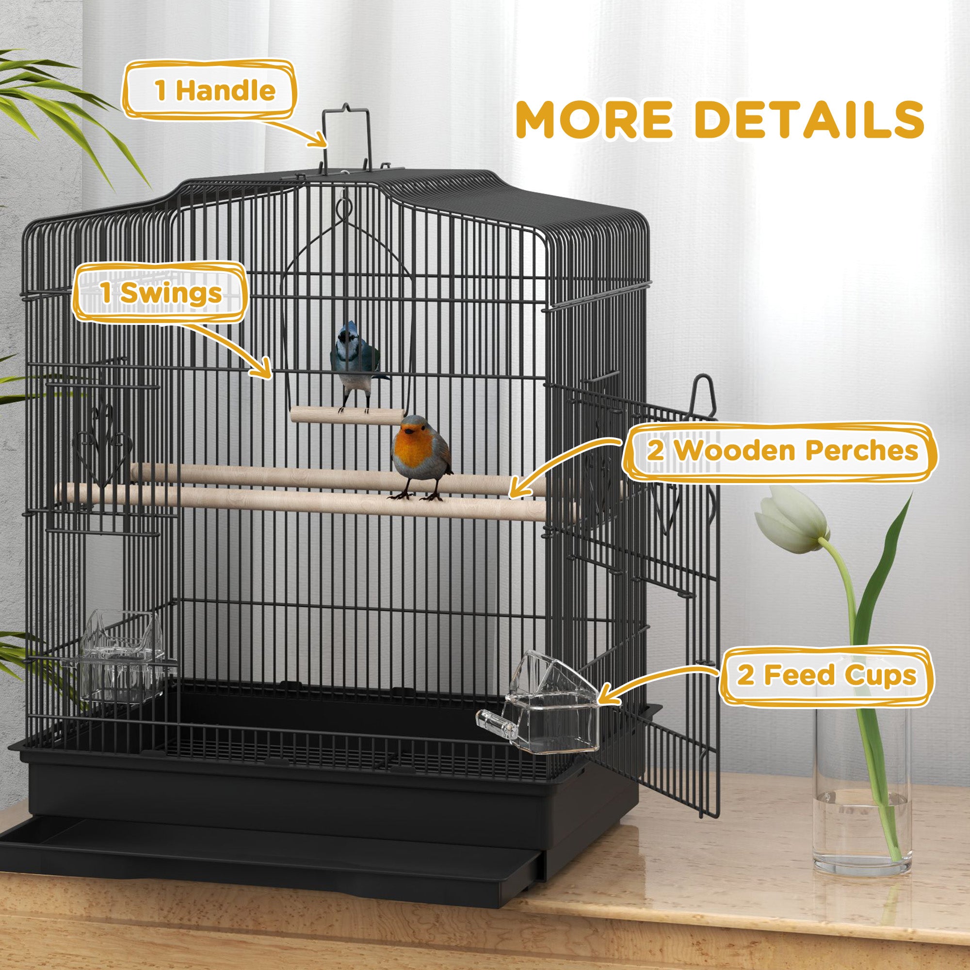 23" Bird Cage for Finches, Canaries Budgies, Parrot Cage with Accessories Handle, Black