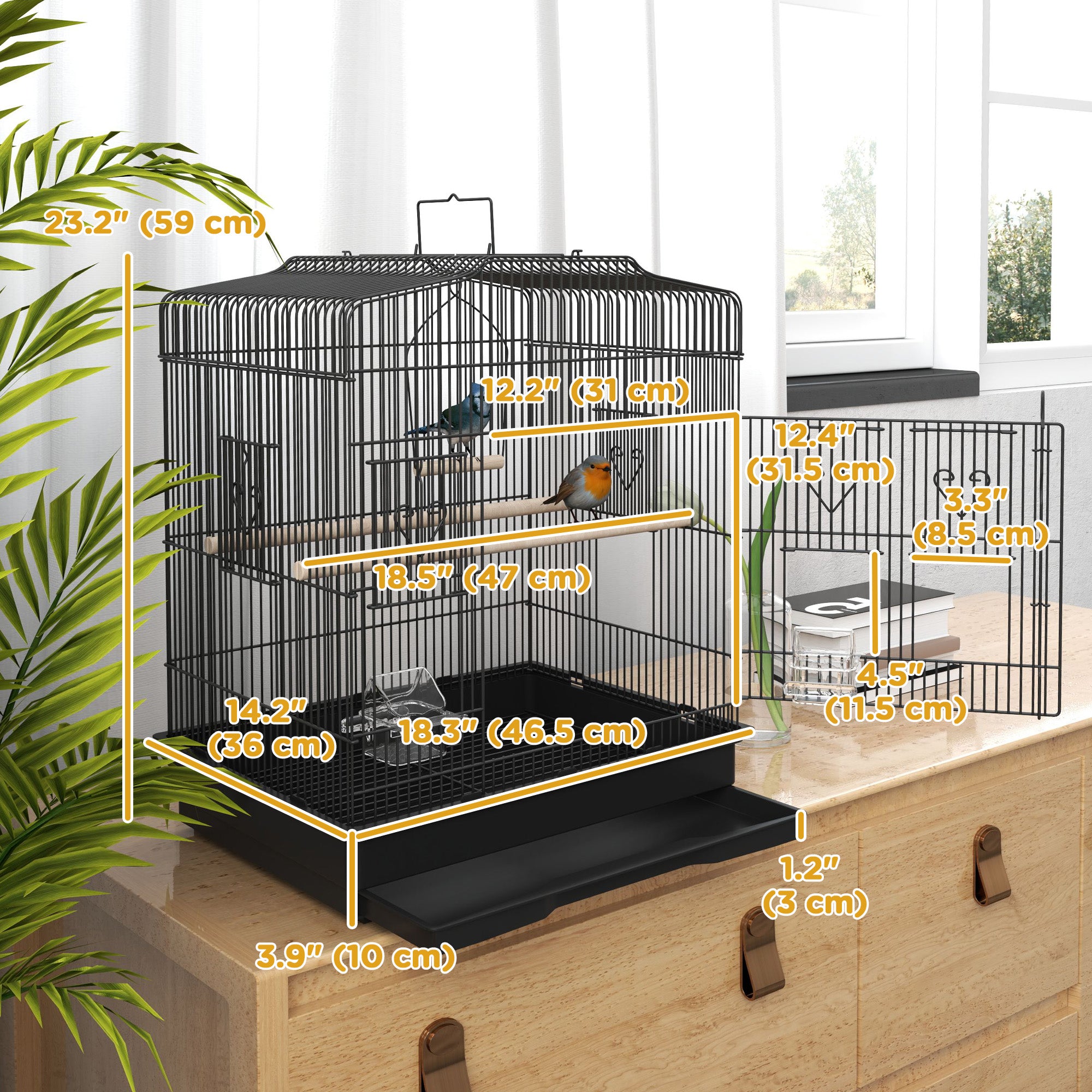 23" Bird Cage for Finches, Canaries Budgies, Parrot Cage with Accessories Handle, Black