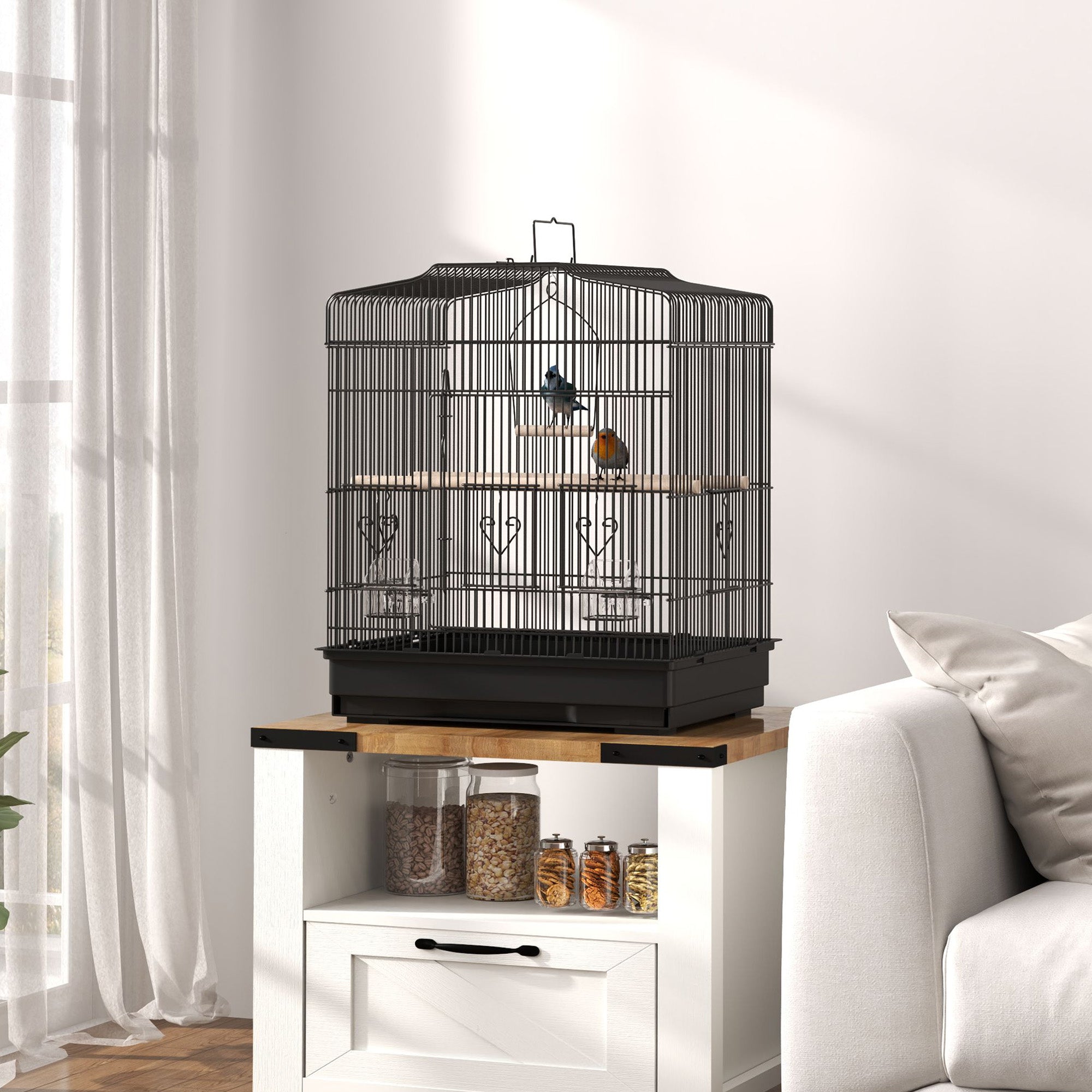 Bird Cage with Perches, Food Bowls, Swing, Parrot Cage for Budgie, Parakeet, Small Bird, 46.5 x 36 x 59cm, Black