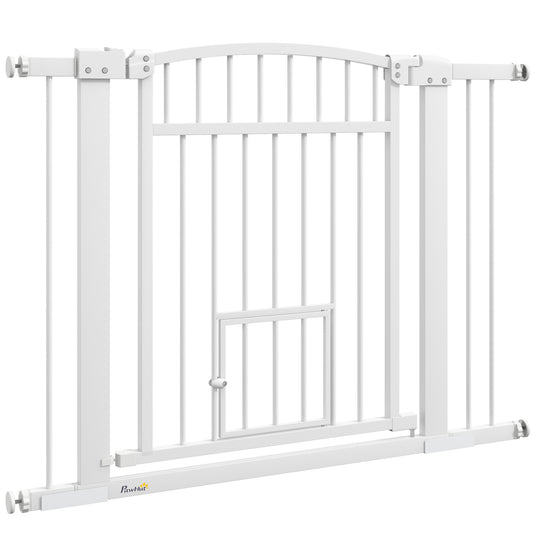 PawHut Pet Gate Indoor with Cat Door, 30"-41" Dog Gate, Extra Wide Walk Through Puppy Gate, 3-Inch and 5.5-Inch Extension Kits, Pressure or Hardware Mounted for Stairway, Doorway, Hallway, 30" High