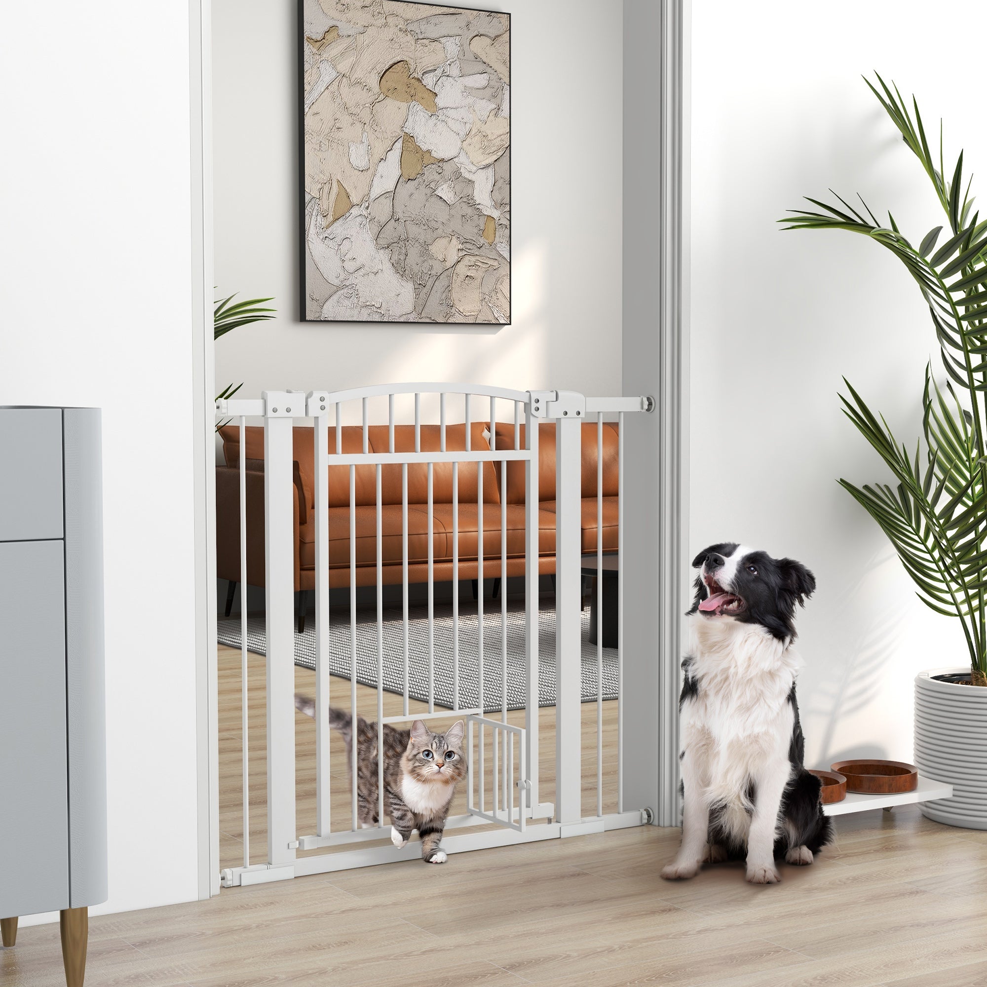 PawHut Pet Gate Indoor with Cat Door, 30"-41" Dog Gate, Extra Wide Walk Through Puppy Gate, 3-Inch and 5.5-Inch Extension Kits, Pressure or Hardware Mounted for Stairway, Doorway, Hallway, 30" High