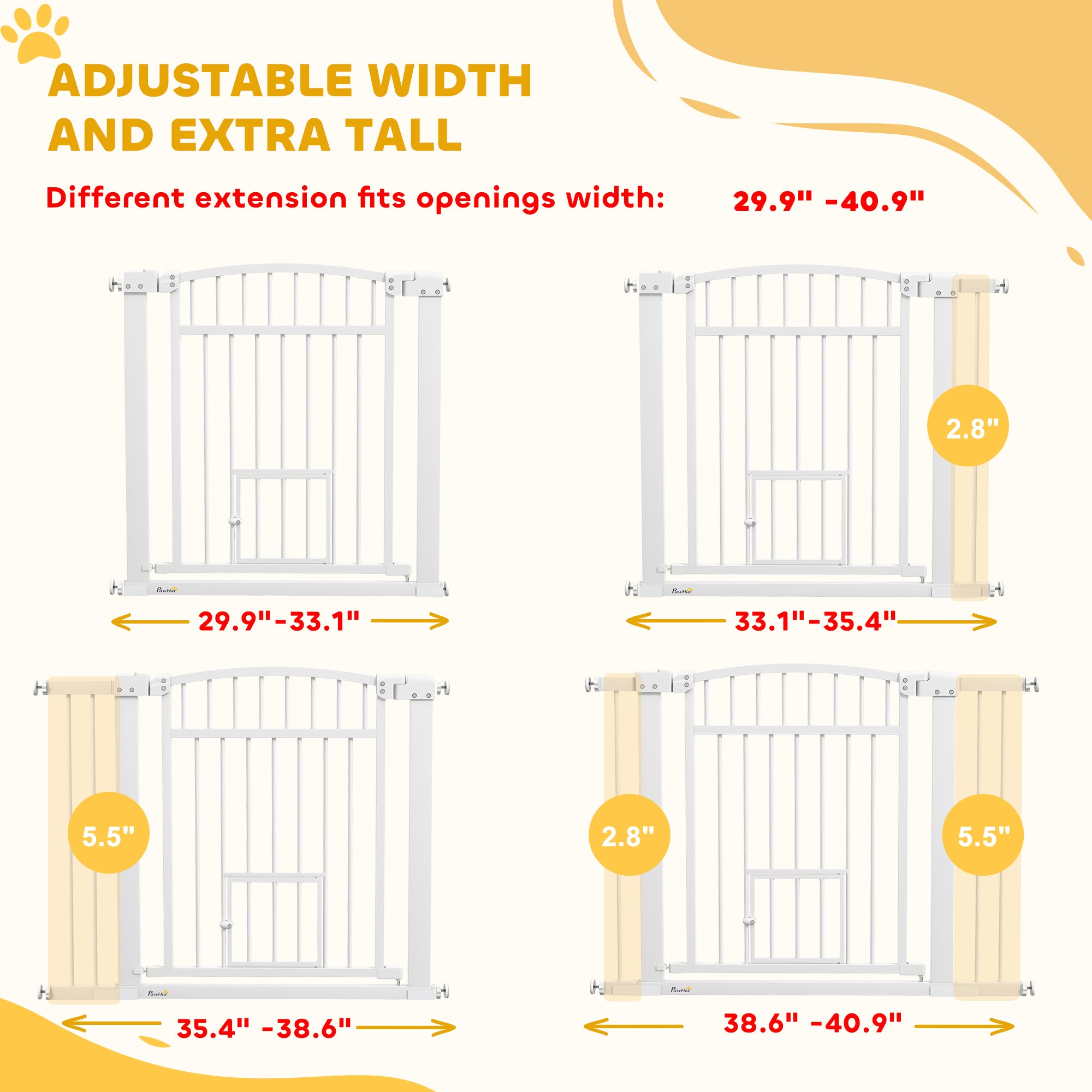 PawHut Pet Gate Indoor with Cat Door, 30"-41" Dog Gate, Extra Wide Walk Through Puppy Gate, 3-Inch and 5.5-Inch Extension Kits, Pressure or Hardware Mounted for Stairway, Doorway, Hallway, 30" High