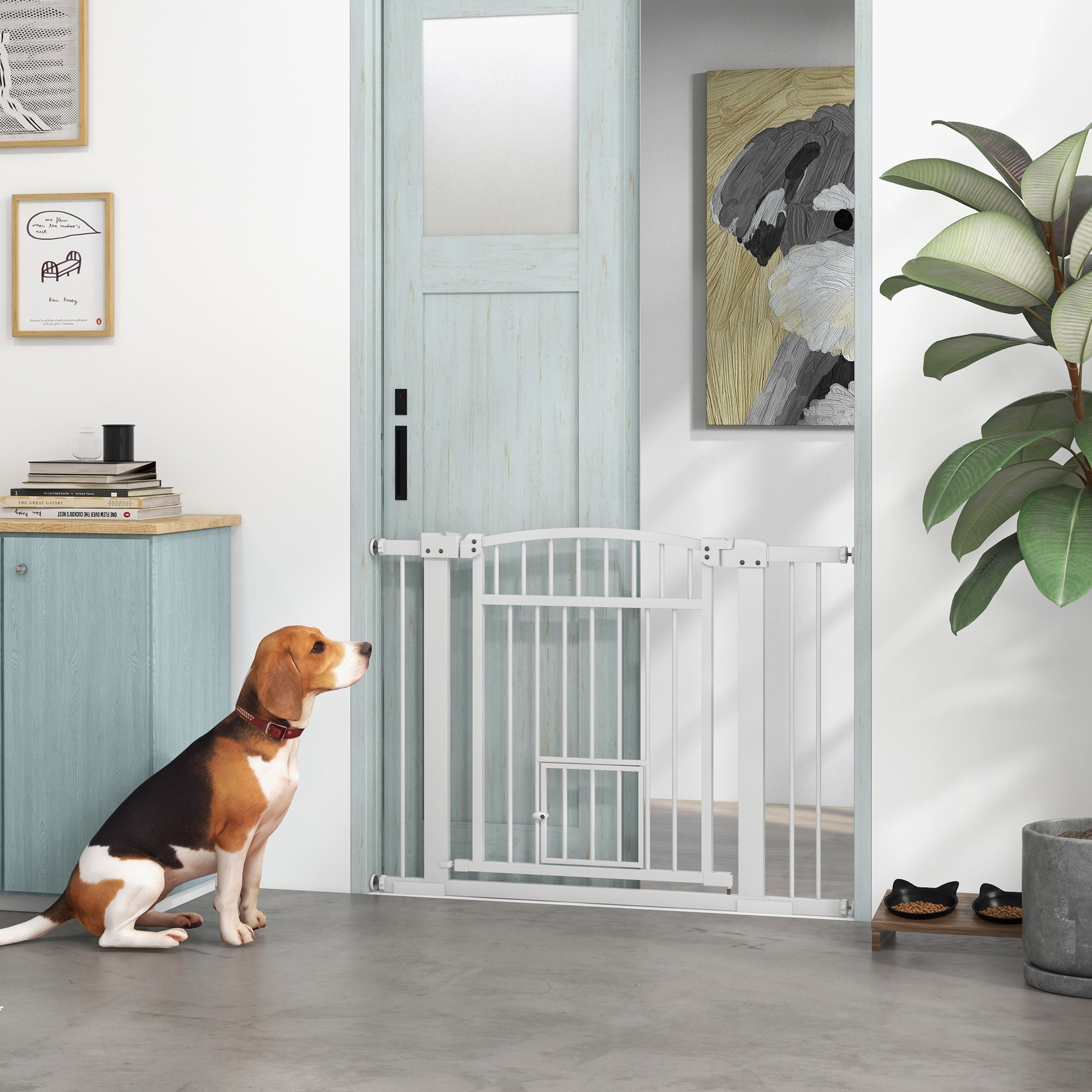 PawHut Pet Gate Indoor with Cat Door, 30"-41" Dog Gate, Extra Wide Walk Through Puppy Gate, 3-Inch and 5.5-Inch Extension Kits, Pressure or Hardware Mounted for Stairway, Doorway, Hallway, 30" High