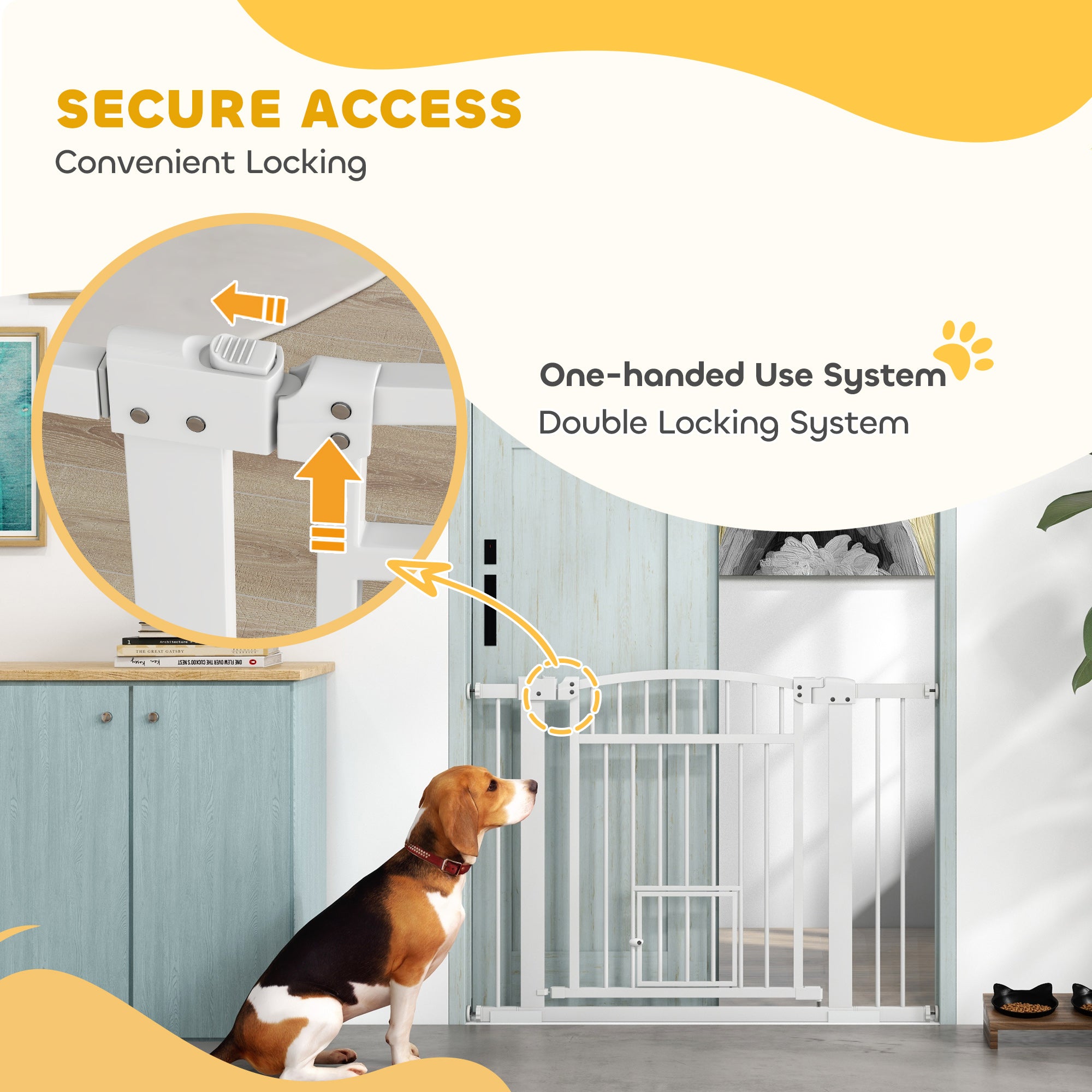 PawHut Pet Gate Indoor with Cat Door, 30"-41" Dog Gate, Extra Wide Walk Through Puppy Gate, 3-Inch and 5.5-Inch Extension Kits, Pressure or Hardware Mounted for Stairway, Doorway, Hallway, 30" High