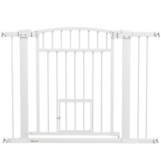 PawHut Pet Gate Indoor with Cat Door, 30"-41" Dog Gate, Extra Wide Walk Through Puppy Gate, 3-Inch and 5.5-Inch Extension Kits, Pressure or Hardware Mounted for Stairway, Doorway, Hallway, 30" High