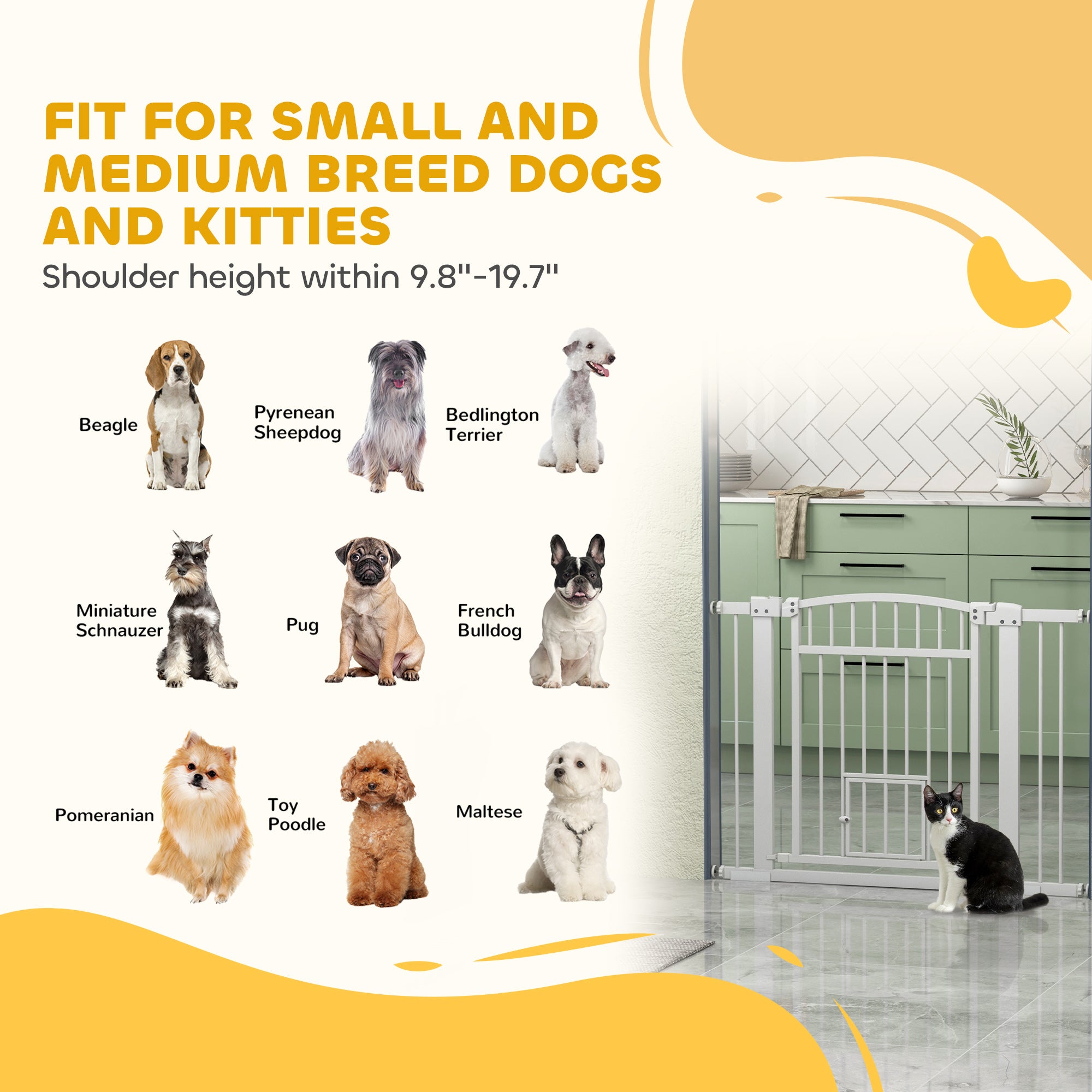 PawHut Pet Gate Indoor with Cat Door, 30"-41" Dog Gate, Extra Wide Walk Through Puppy Gate, 3-Inch and 5.5-Inch Extension Kits, Pressure or Hardware Mounted for Stairway, Doorway, Hallway, 30" High