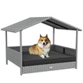 Load image into Gallery viewer, PawHut Wicker Dog House Outdoor with Canopy, Rattan Dog Bed with Water-resistant Cushion, Raised Dog Bed for Small, Medium Dogs up to 66 lbs, 19.75" in Length, Silver Wicker, Gray Cushion