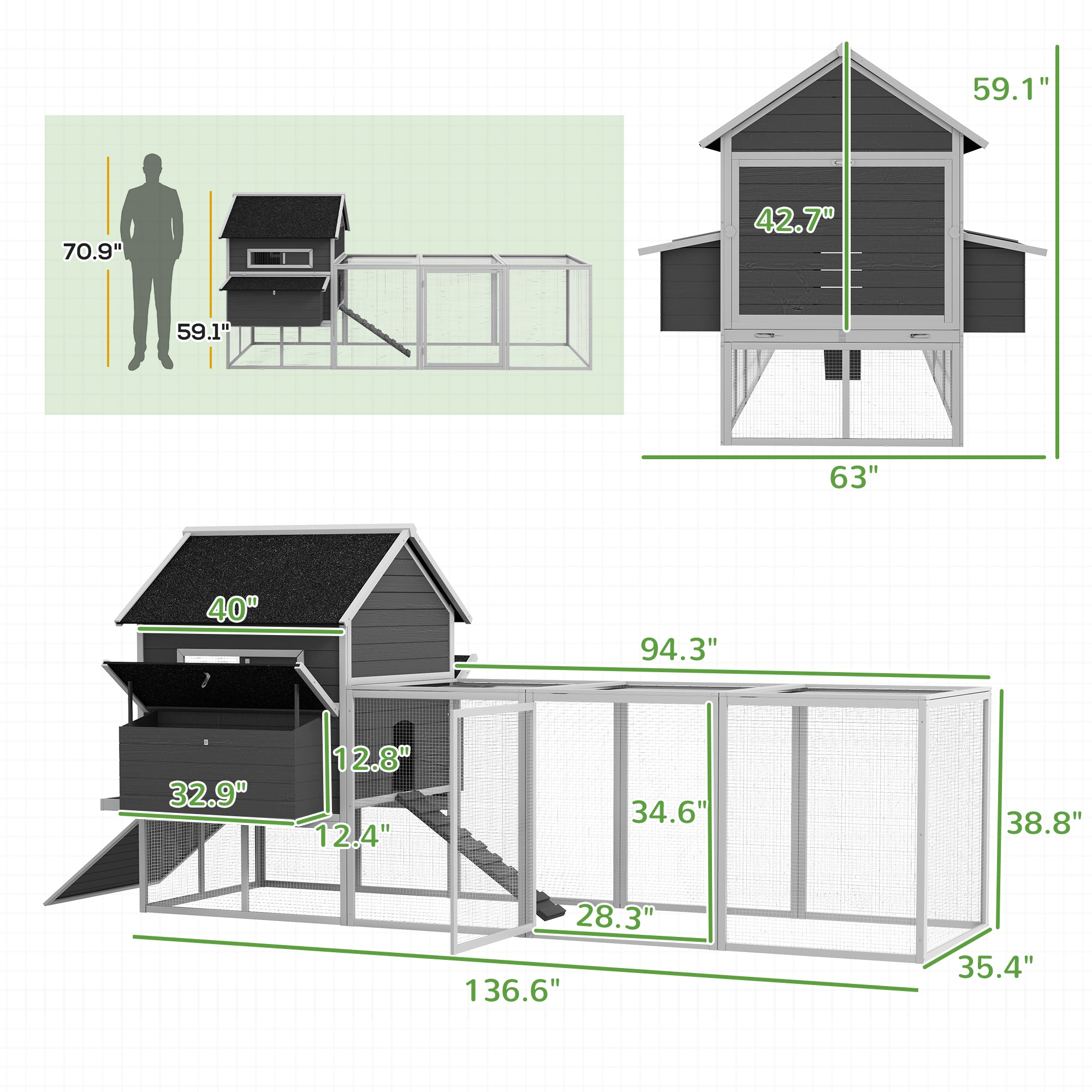 PawHut 137" Chicken Coop for 8-10 Chickens, Large Chicken House, Wooden Poultry Hen Cage with Nesting Box and Run for Backyard, Gray