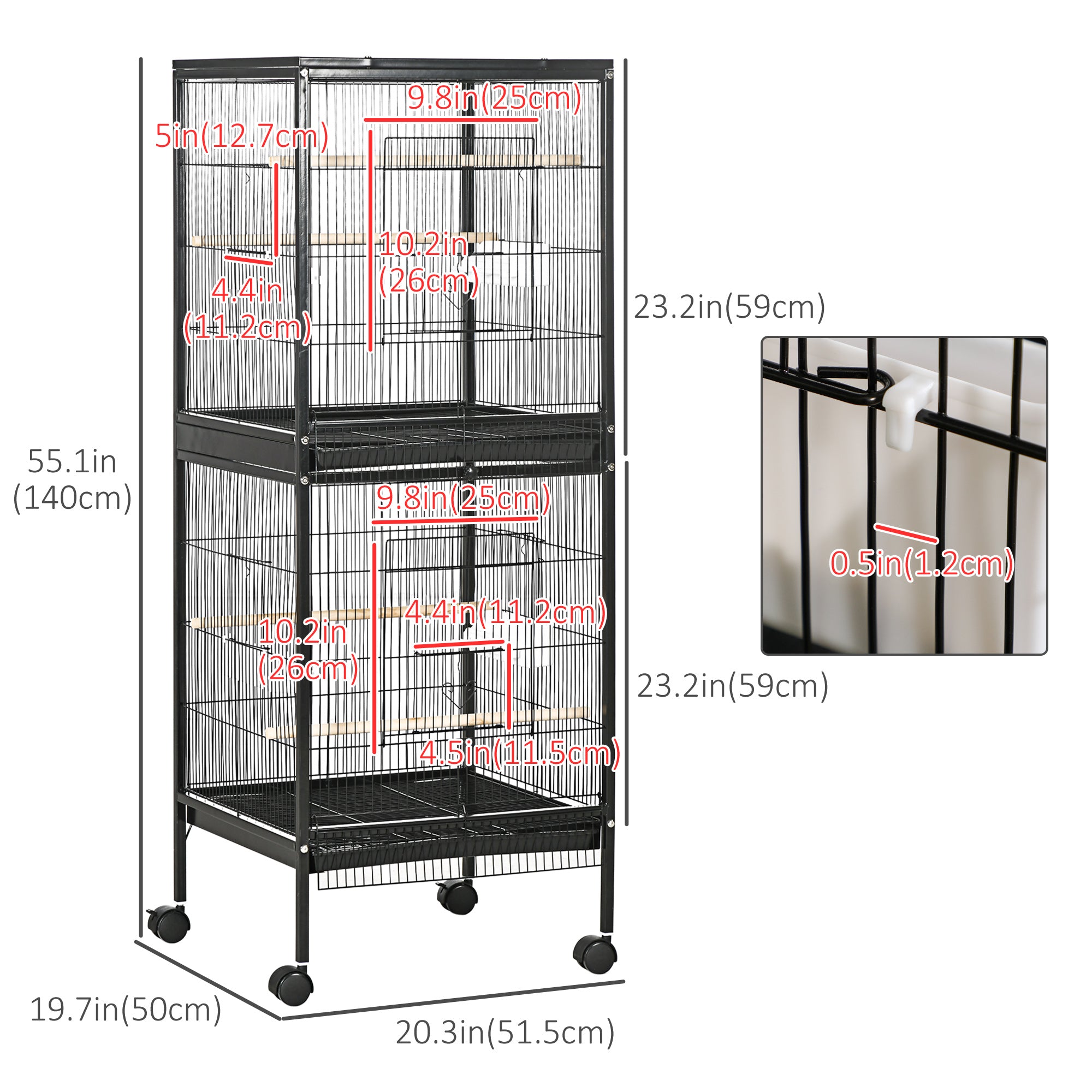 55.1" 2 In 1 Bird Cage Aviary Parakeet House for finches, budgies with Wheels, Slide-out Trays, Wood Perch, Food Containers, Black