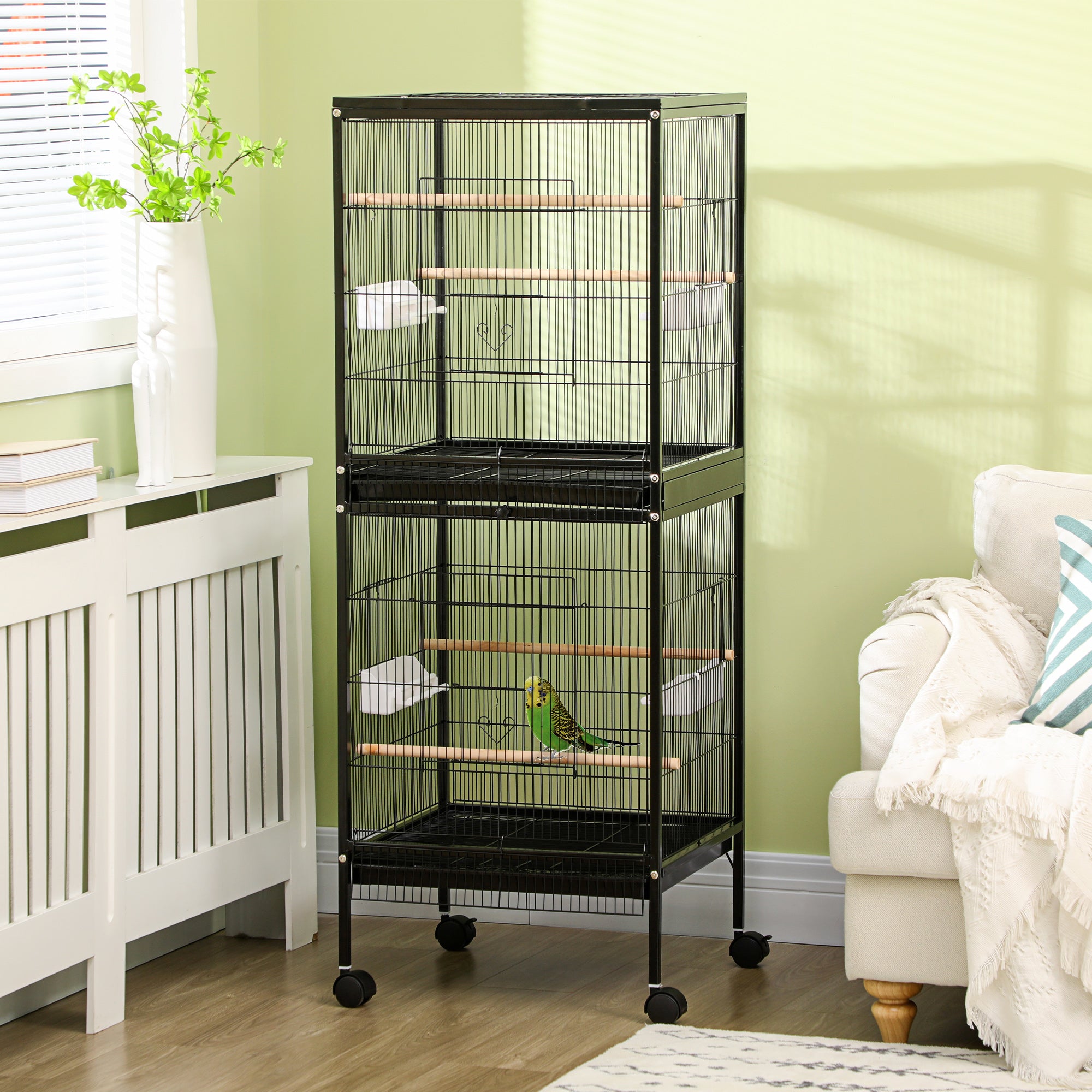 PawHut Large Bird Cage with 1.7 ft. Width for Wingspan, Bird Aviary Indoor with Multi - Door Design, Fit for a Canary, Finch, Conure, 55" , Black