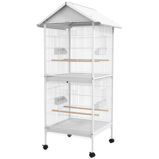 PawHut Wrought Metal Bird Cage Feeder with Rolling Stand Perches Food Containers Doors Wheels 67" H, White