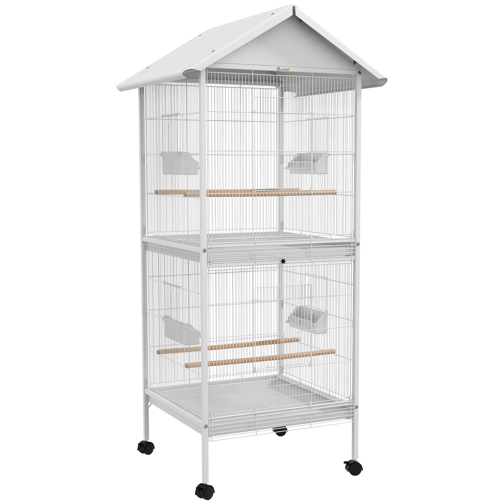 PawHut Wrought Metal Bird Cage Feeder with Rolling Stand Perches Food Containers Doors Wheels 67" H, White