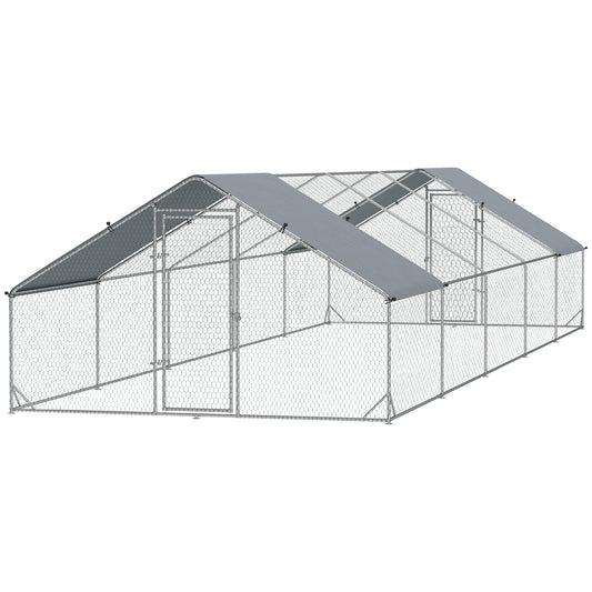 PawHut Large Chicken Coop Metal Chicken Run with Waterproof and Anti-UV Cover, Spire Shaped Walk in Fence Cage Hen House for Outdoor and Yard Farm Use, 1" Tube Diameter, 9.8' x 32.8' x 6.4'