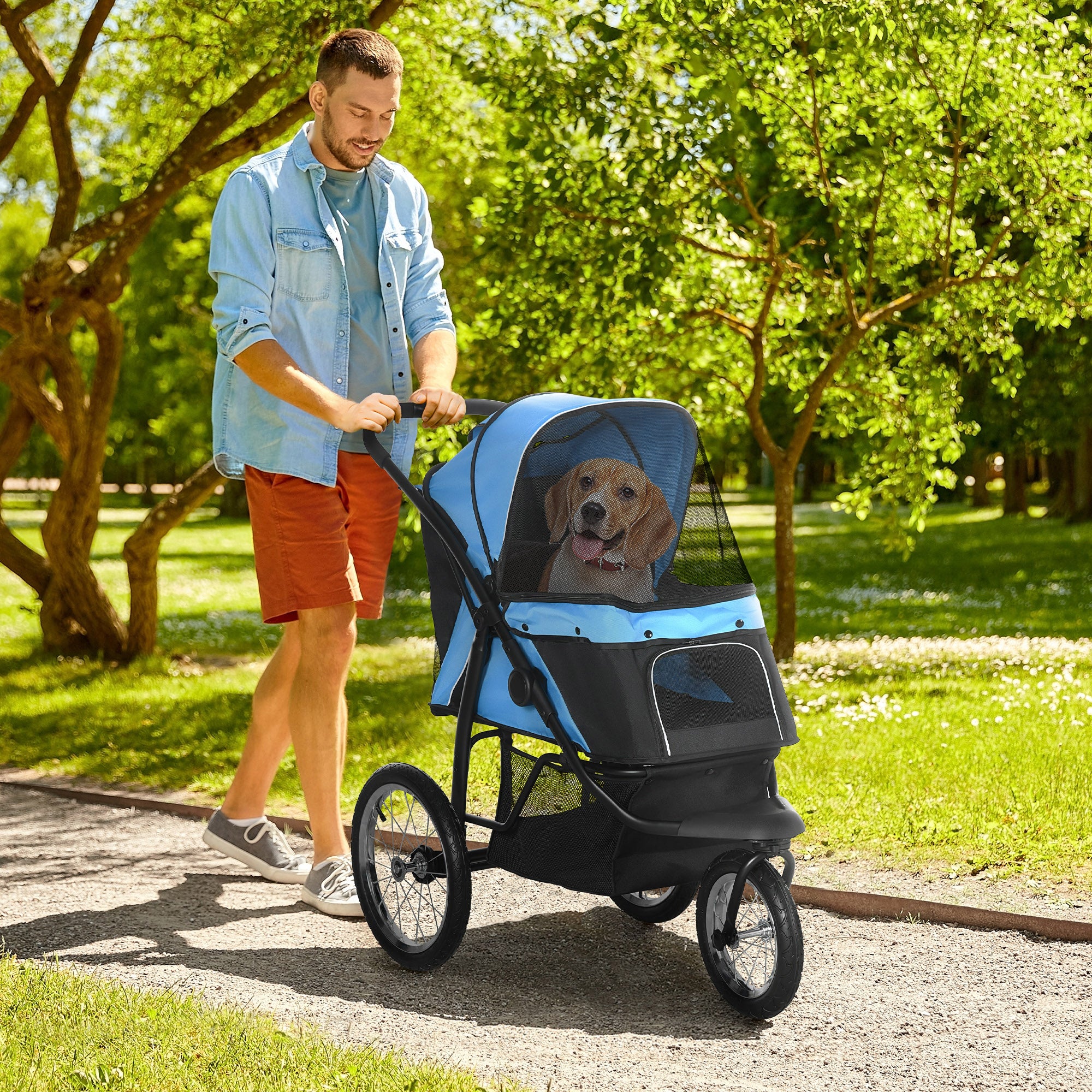 PawHut Pet Stroller for Small and Medium Dogs, 3 Big Wheels Foldable Cat Stroller Jogger with Adjustable Canopy, Safety Tether, Cushion, Storage Basket, Blue