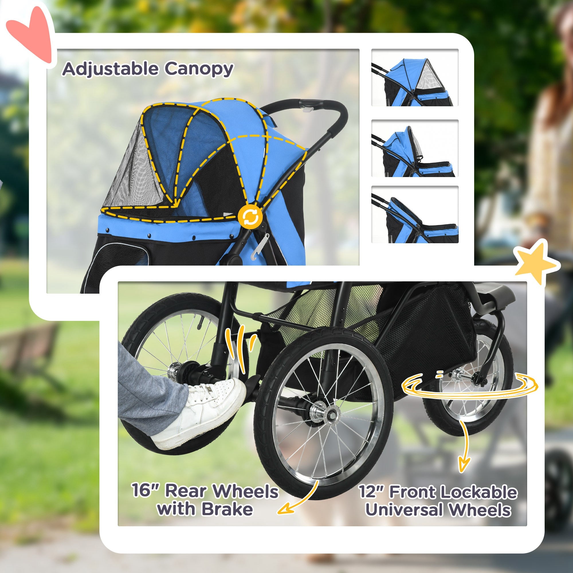 PawHut Pet Stroller for Small and Medium Dogs, 3 Big Wheels Foldable Cat Stroller Jogger with Adjustable Canopy, Safety Tether, Cushion, Storage Basket, Blue