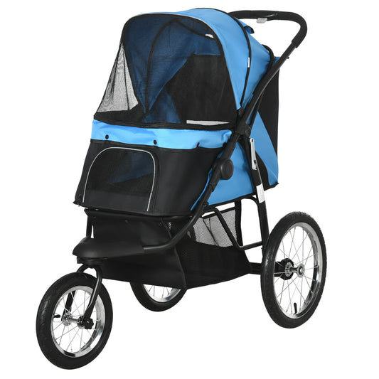 Pet Stroller for Small and Medium Dogs, 3 Big Wheels Cat Stroller Travel Folding Carrier with Adjustable Canopy, Safety Tether, Storage Basket, Blue