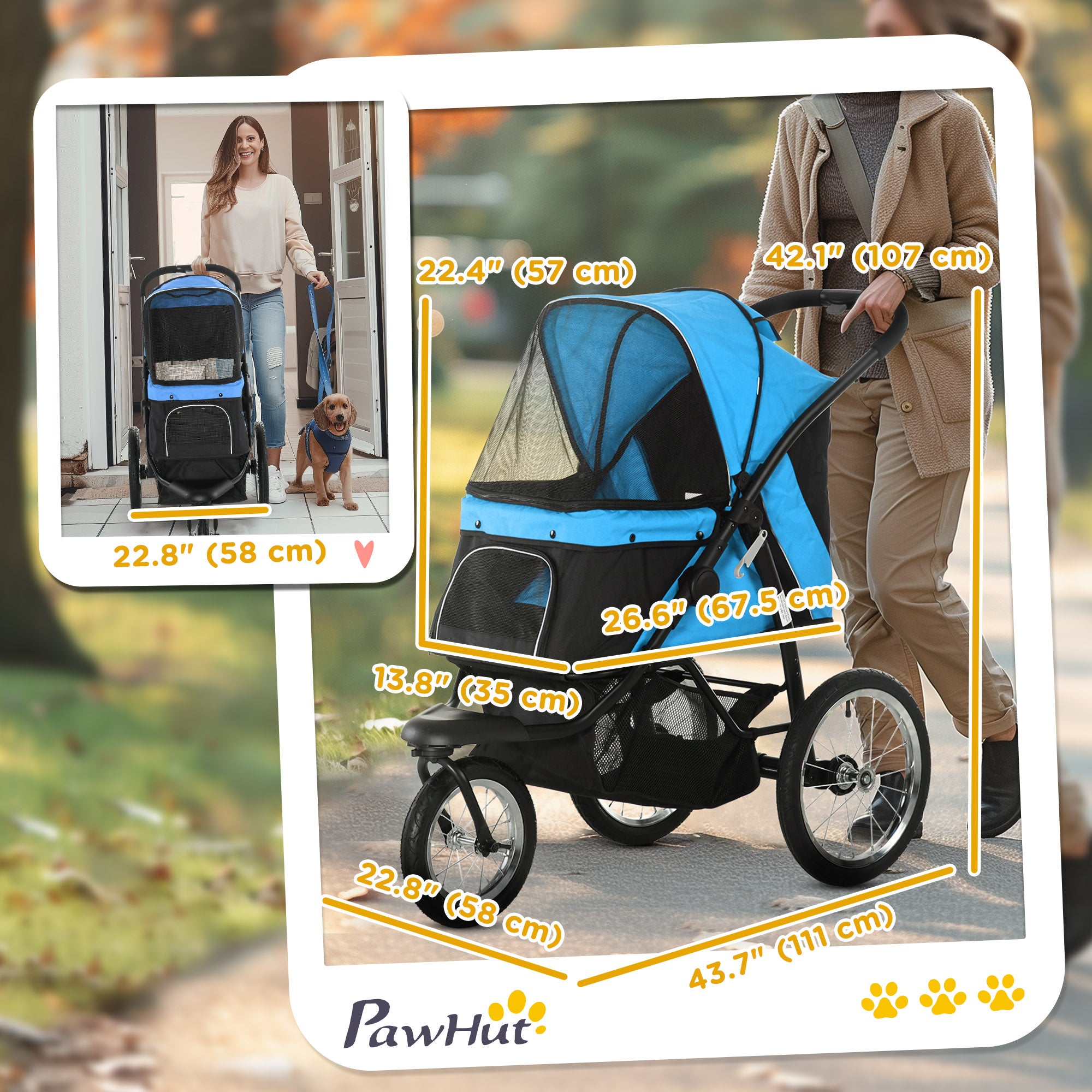 Pet Stroller for Small and Medium Dogs, 3 Big Wheels Cat Stroller Travel Folding Carrier with Adjustable Canopy, Safety Tether, Storage Basket, Blue