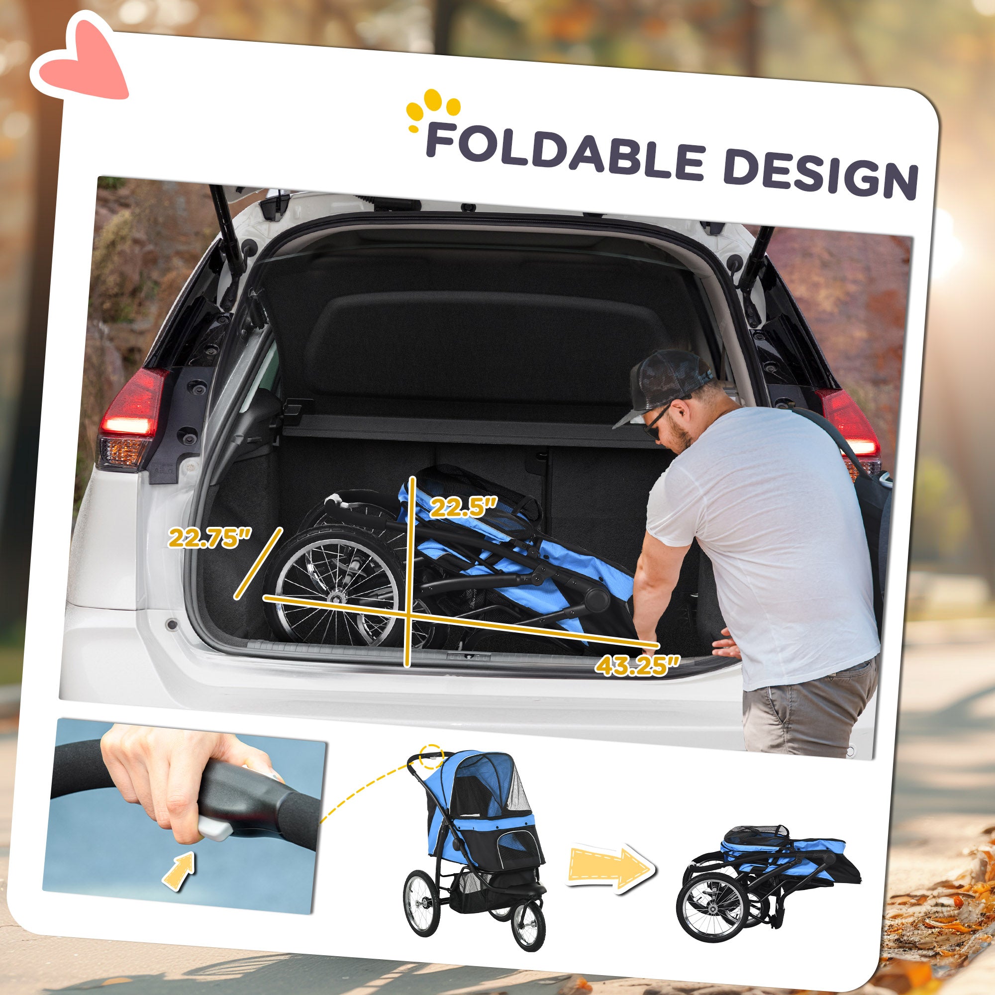 PawHut Pet Stroller for Small and Medium Dogs, 3 Big Wheels Foldable Cat Stroller Jogger with Adjustable Canopy, Safety Tether, Cushion, Storage Basket, Blue