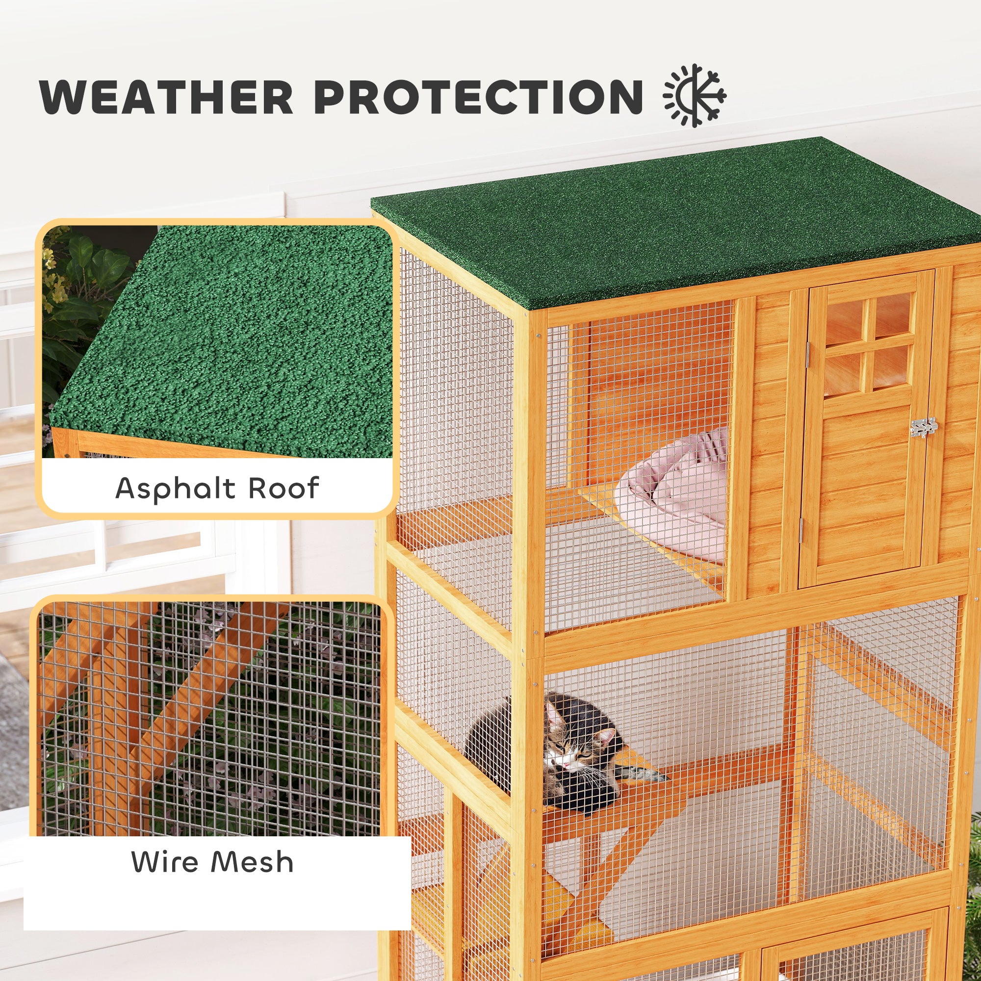74"H Wooden Catio Cat Enclosure, Indoor Outdoor Kitten House with Weatherproof Asphalt Roof & Brake Wheels, Luxury Kitten Condo Cage for Multiple Cats, Orange
