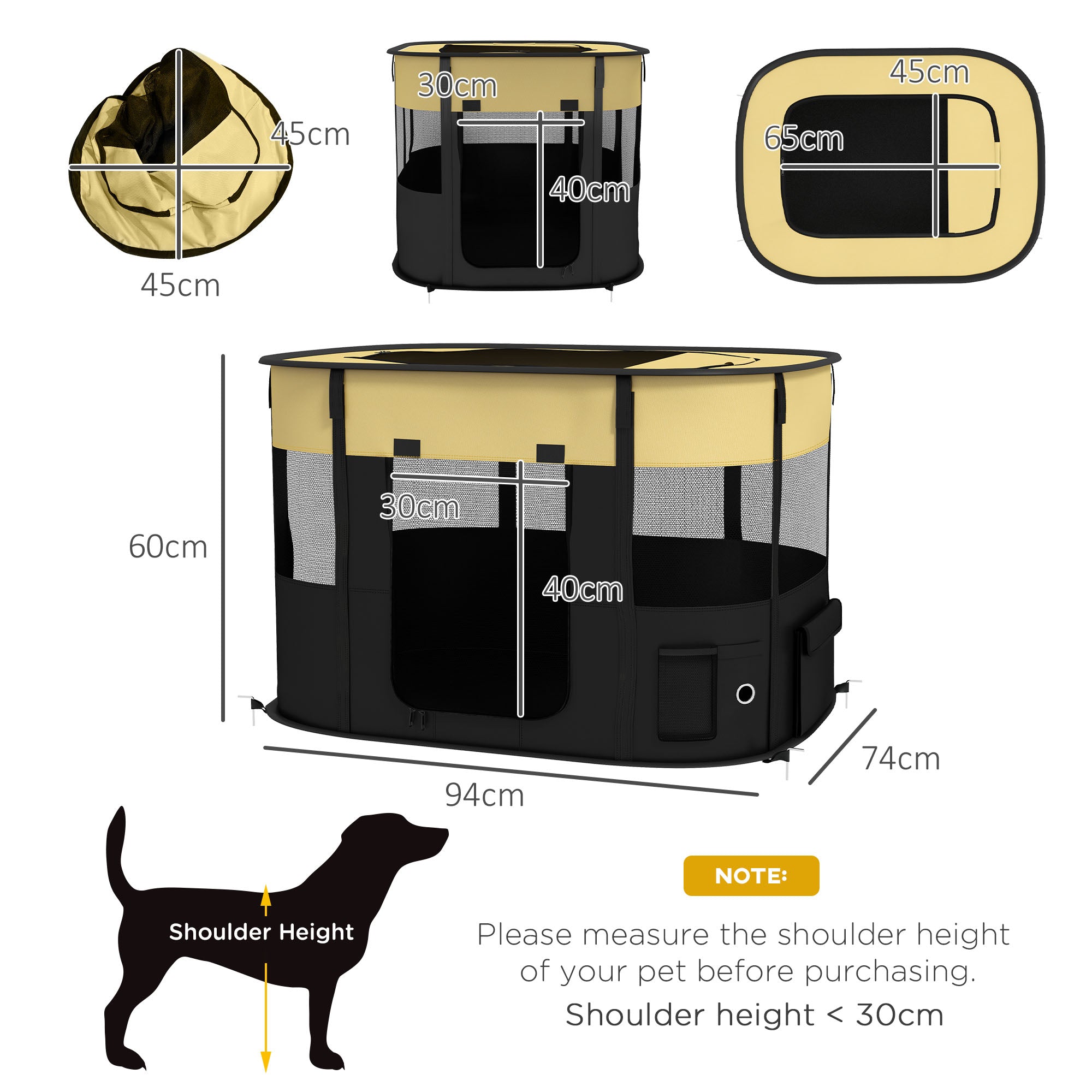 Dog Pen, Pet Playpen, Portable Foldable Dog Cat Playpen Soft Pet Cage with Storage Bag for Puppies, Rabbits, Kittens, Guinea Pigs, 94 x 74 x 60cm - Yellow