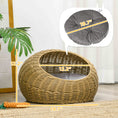 Load image into Gallery viewer, PawHut Rattan Cat Bed, Wicker Cat House Basket with Washable Cushion for Small Indoor Cats and Dogs, Light Brown