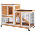 Gallery viewerに画像を読み込む, Wooden Indoor Rabbit Hutch, Guinea Pig House, Bunny Small Animal Cage With Wheels, Enclosed Run 110 x 50 x 86 cm, Yellow