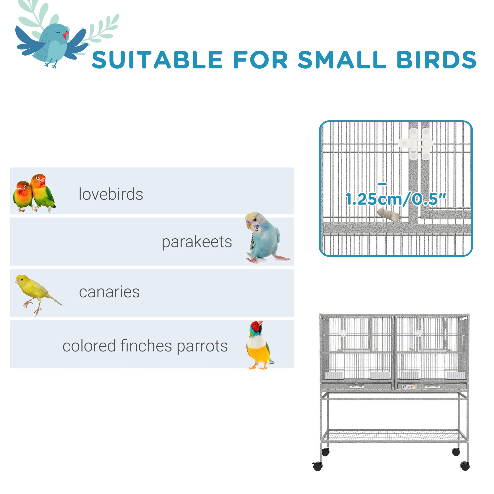 40"H Divided Breeder Bird Cage with Rolling Stand Removable Metal Tray, Storage Shelf, Wood Perch, and Food Container, Light Grey