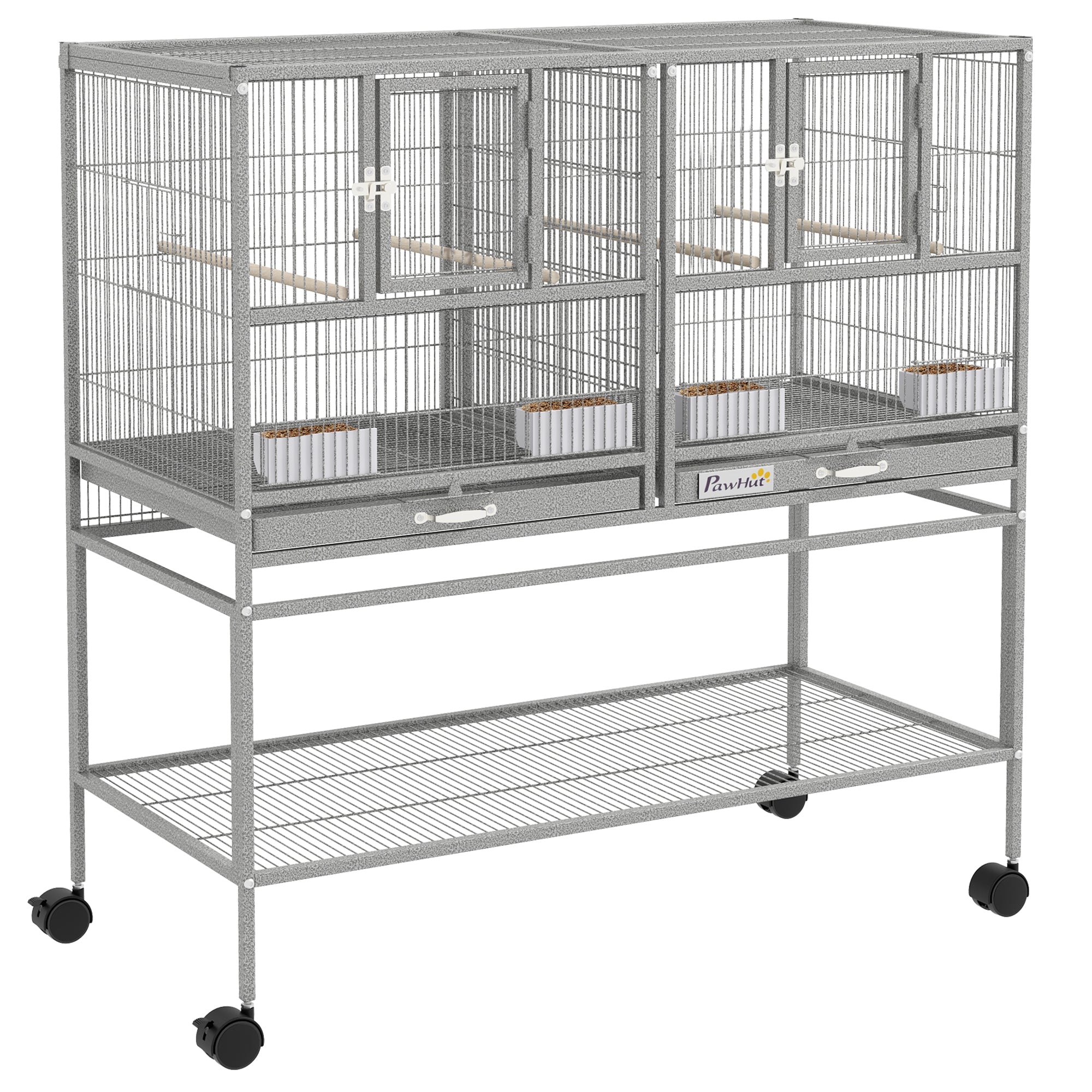 40"H Divided Breeder Bird Cage with Rolling Stand Removable Metal Tray, Storage Shelf, Wood Perch, and Food Container, Light Grey