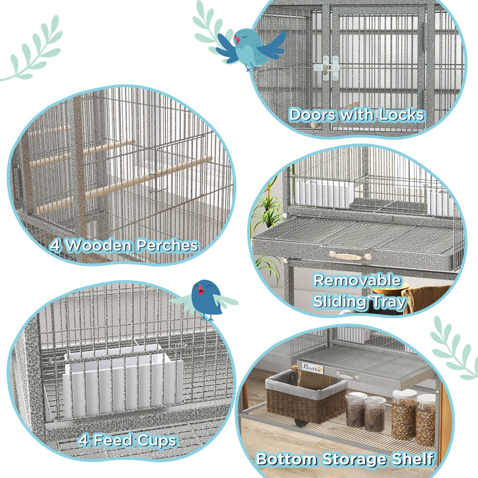 40"H Divided Breeder Bird Cage with Rolling Stand Removable Metal Tray, Storage Shelf, Wood Perch, and Food Container, Light Grey