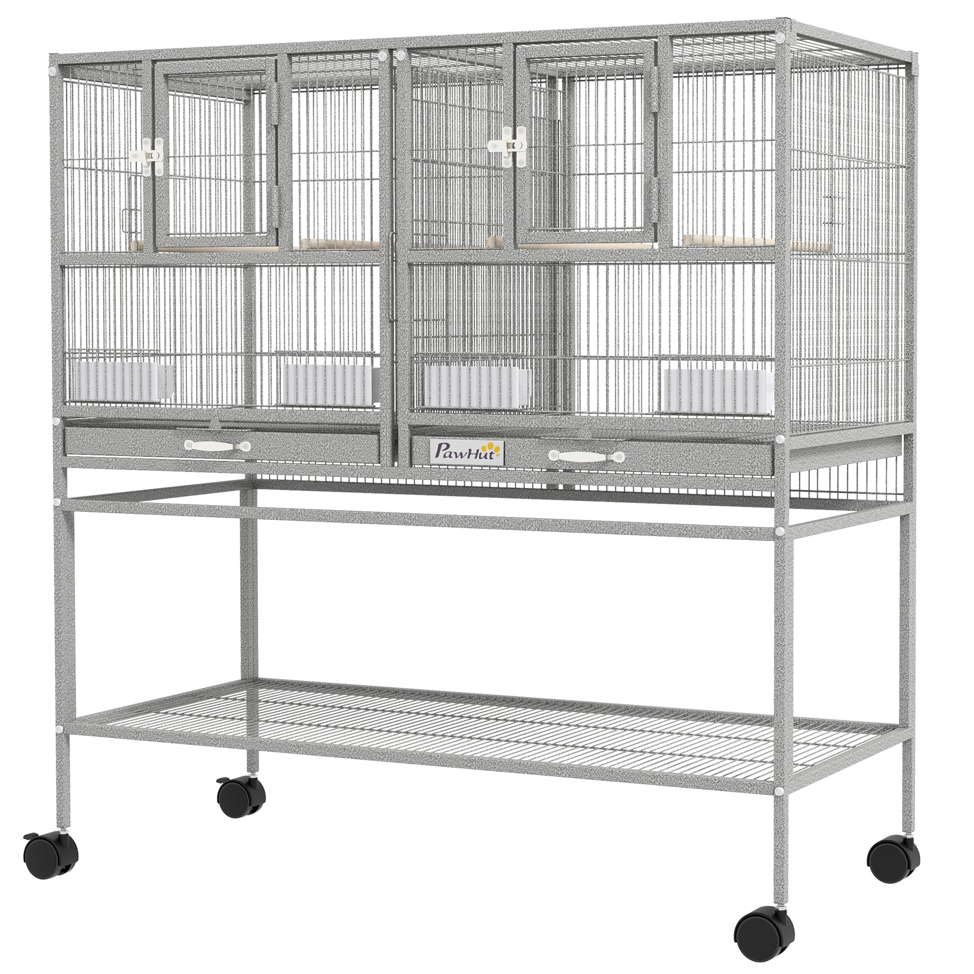 40"H Divided Breeder Bird Cage with Rolling Stand Removable Metal Tray, Storage Shelf, Wood Perch, and Food Container, Light Grey