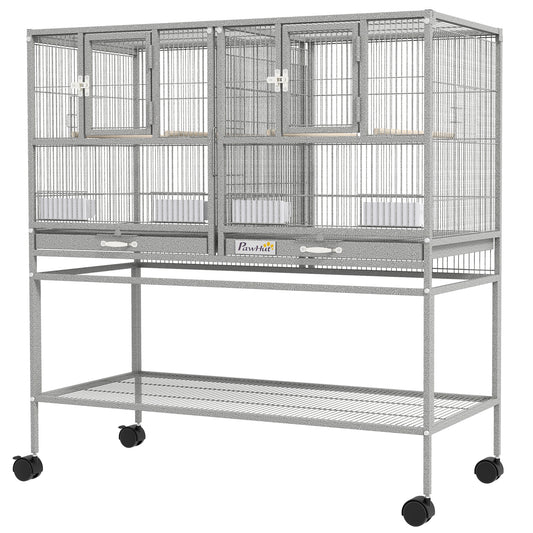 40"H Divided Breeder Bird Cage with Rolling Stand Removable Metal Tray, Storage Shelf, Wood Perch, and Food Container, Light Grey