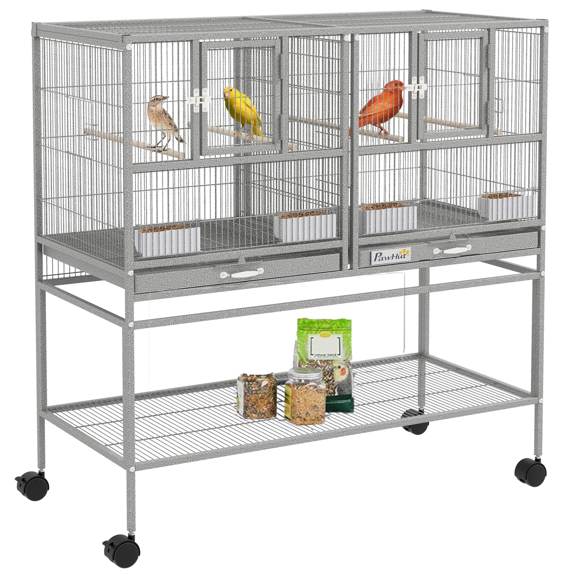 40"H Divided Breeder Bird Cage with Rolling Stand Removable Metal Tray, Storage Shelf, Wood Perch, and Food Container, Light Grey