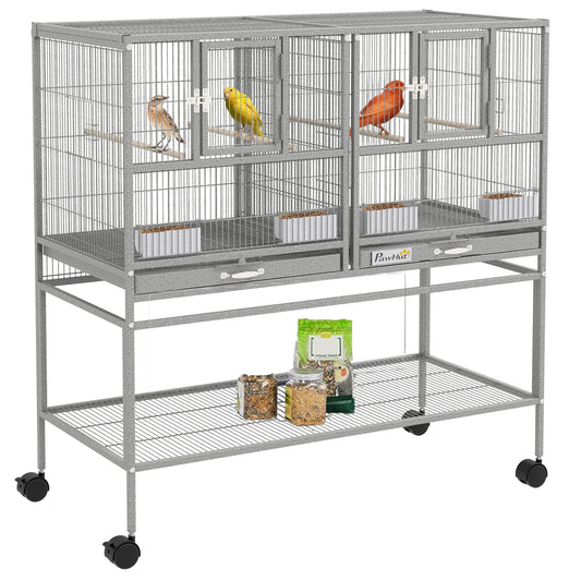 40"H Divided Breeder Bird Cage with Rolling Stand Removable Metal Tray, Storage Shelf, Wood Perch, and Food Container, Light Grey