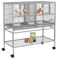 Load image into Gallery viewer, 40"H Divided Breeder Bird Cage with Rolling Stand Removable Metal Tray, Storage Shelf, Wood Perch, and Food Container, Light Grey