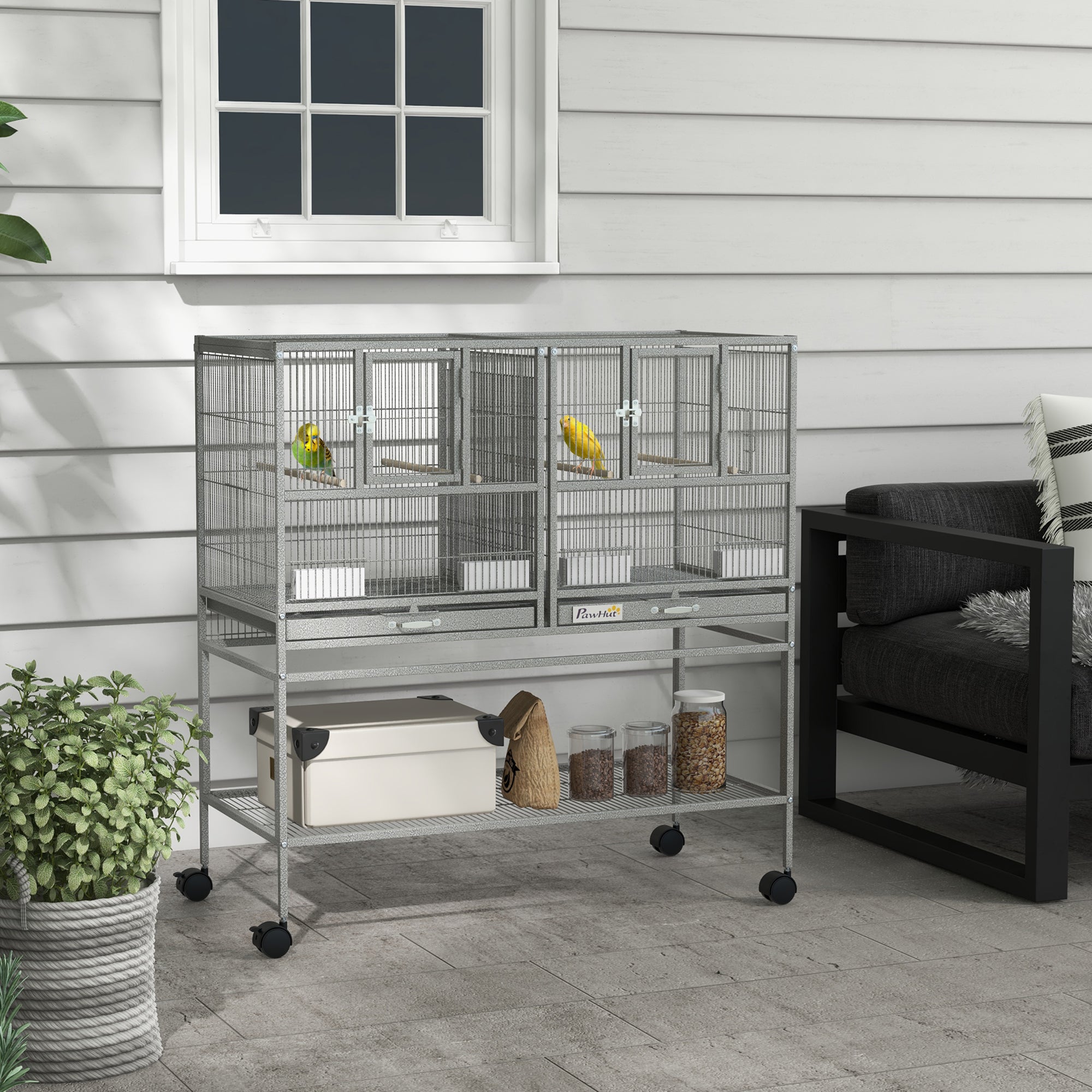 40"H Divided Breeder Bird Cage with Rolling Stand Removable Metal Tray, Storage Shelf, Wood Perch, and Food Container, Light Grey