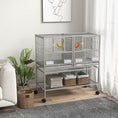 Load image into Gallery viewer, 40"H Divided Breeder Bird Cage with Rolling Stand Removable Metal Tray, Storage Shelf, Wood Perch, and Food Container, Light Grey