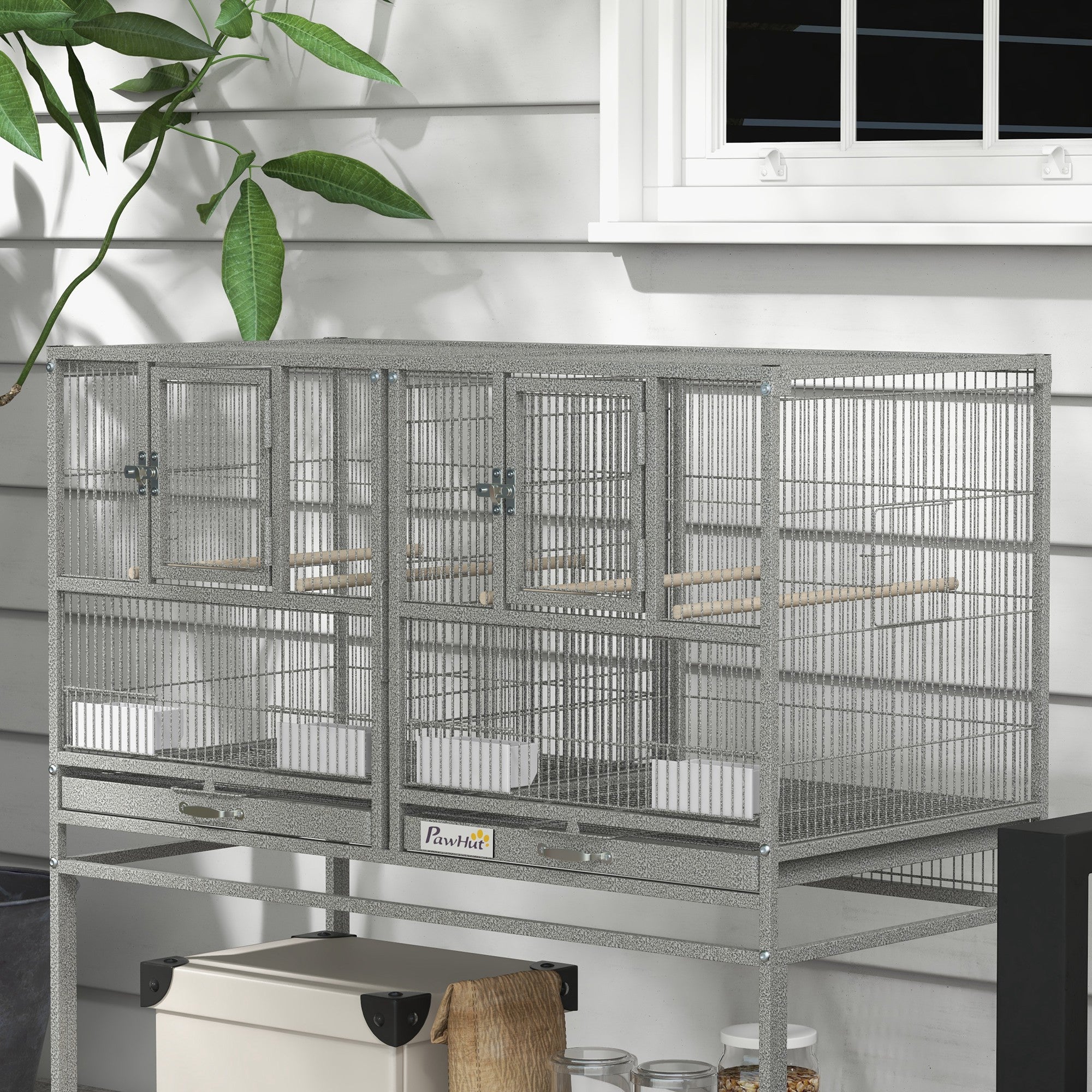 40"H Divided Breeder Bird Cage with Rolling Stand Removable Metal Tray, Storage Shelf, Wood Perch, and Food Container, Light Grey