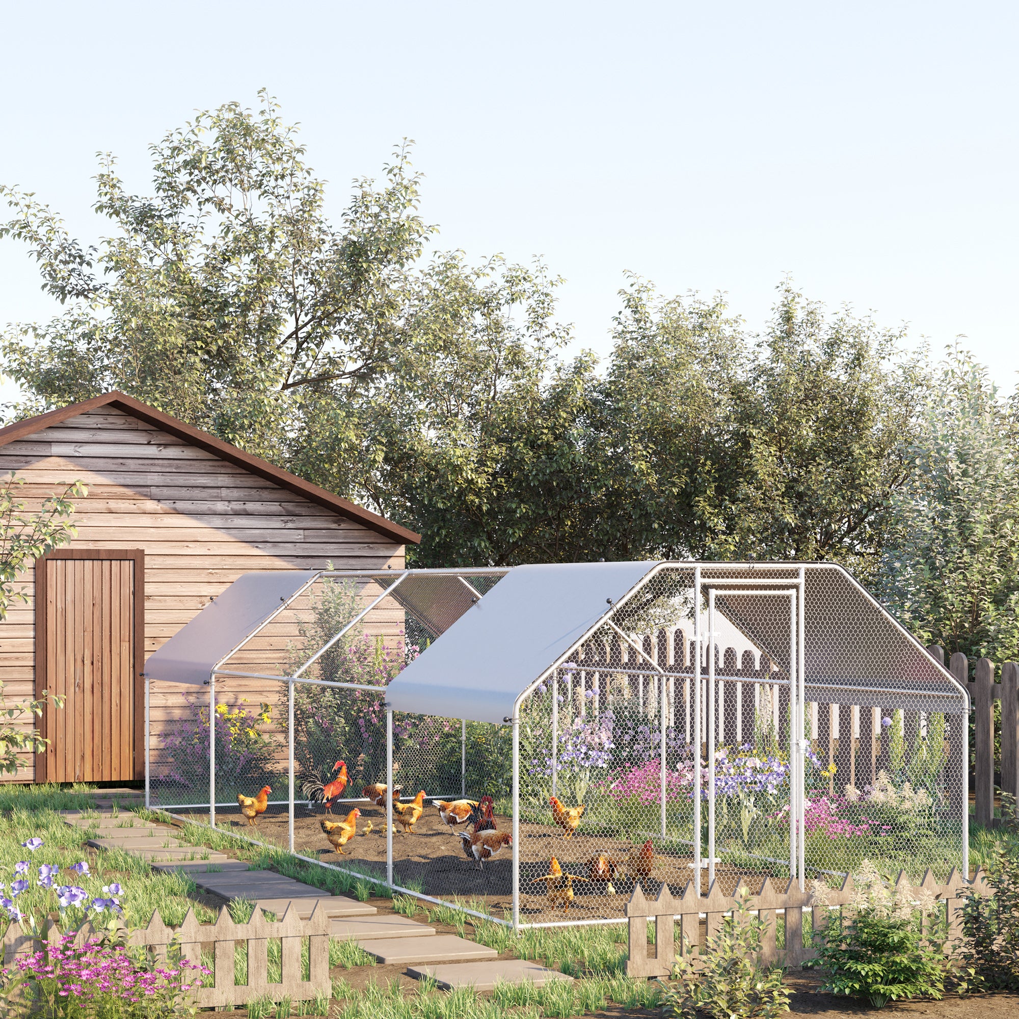 PawHut Large Chicken Coop Metal Chicken Run with Waterproof and Anti-UV Cover, Flat Shaped Walk-in Fence Cage Hen House for Outdoor and Yard Farm Use, 1.3" Tube Diameter, 9' x 24' x 6.5'