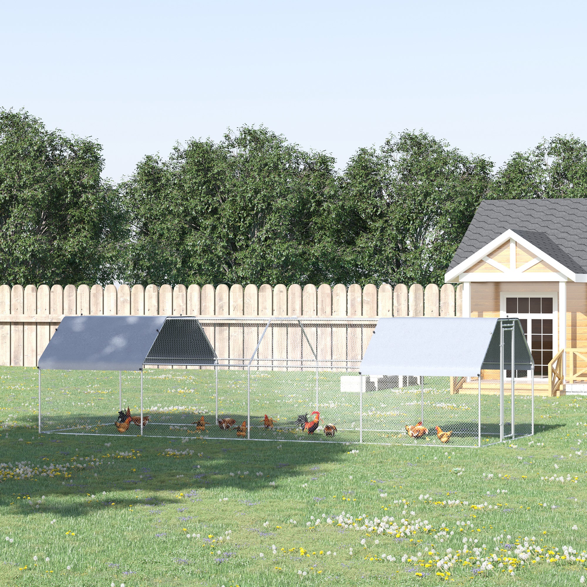 PawHut Large Chicken Coop Metal Chicken Run with Waterproof and Anti-UV Cover, Flat Shaped Walk-in Fence Cage Hen House for Outdoor and Yard Farm Use, 1.3" Tube Diameter, 9' x 24' x 6.5'