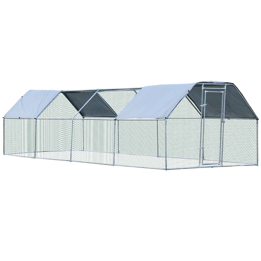 PawHut Large Chicken Coop Metal Chicken Run with Waterproof and Anti-UV Cover, Flat Shaped Walk-in Fence Cage Hen House for Outdoor and Yard Farm Use, 1.3" Tube Diameter, 9' x 24' x 6.5'