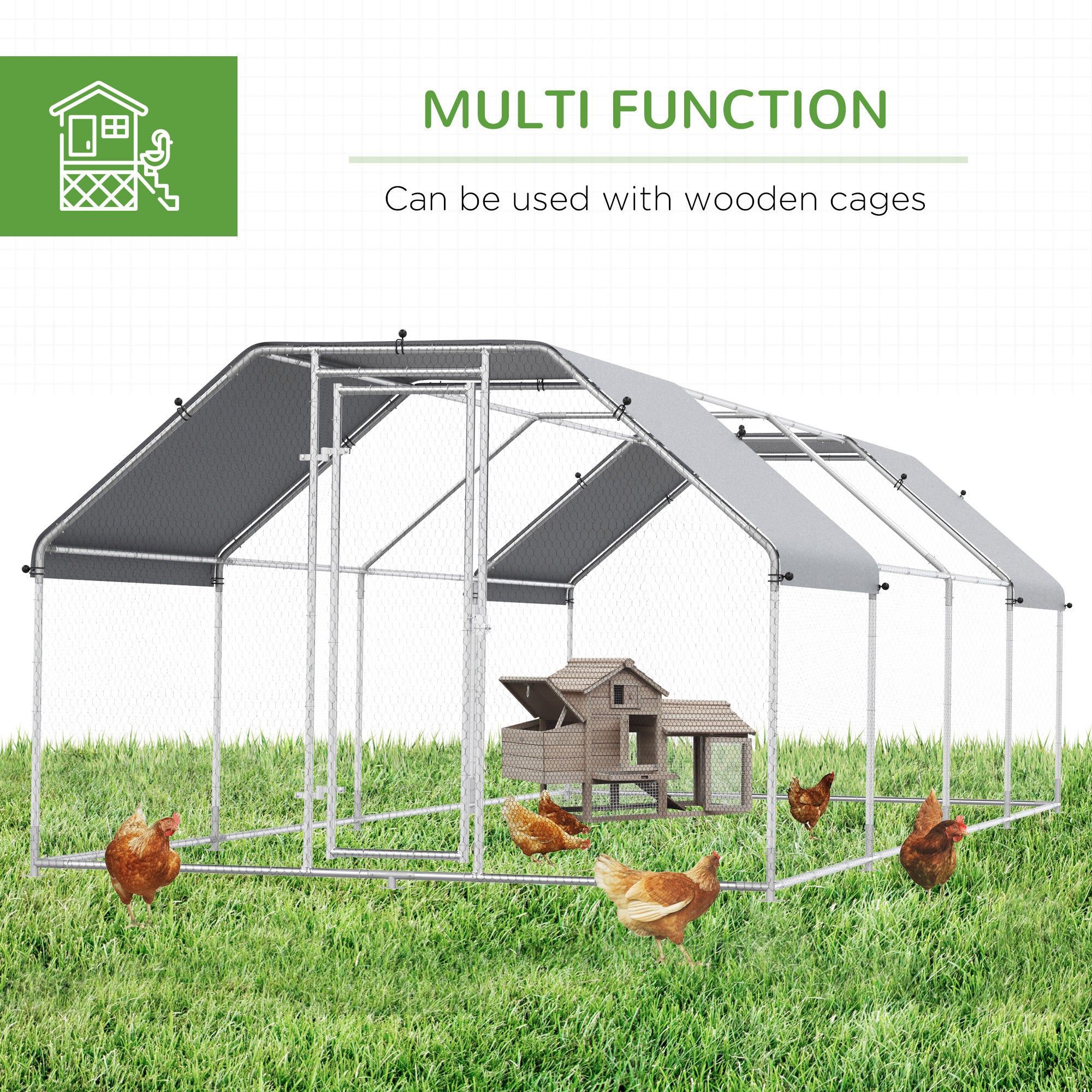PawHut Large Chicken Coop Metal Chicken Run with Waterproof and Anti-UV Cover, Flat Shaped Walk-in Fence Cage Hen House for Outdoor and Yard Farm Use, 1.3" Tube Diameter, 9' x 24' x 6.5'