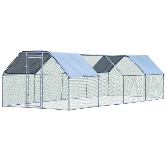 PawHut Large Chicken Coop Metal Chicken Run with Waterproof and Anti-UV Cover, Flat Shaped Walk-in Fence Cage Hen House for Outdoor and Yard Farm Use, 1.3" Tube Diameter, 9' x 24' x 6.5'