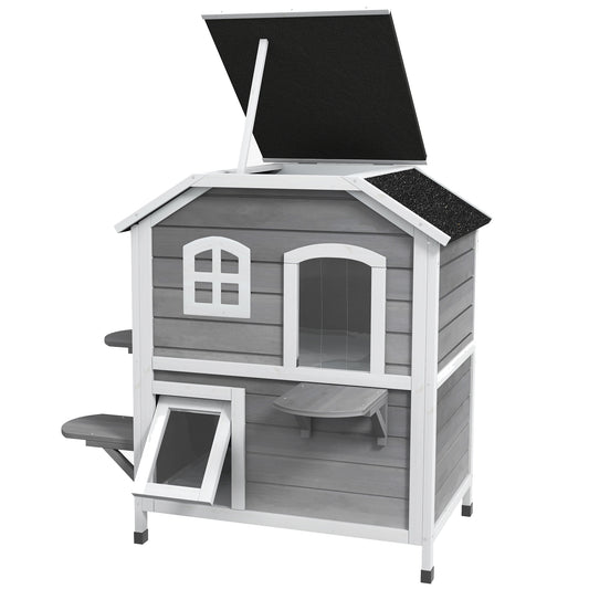 2-story Cat House Outdoor, Weatherproof Wooden Cat Enclosure for Feral Cats with Escape Door, Openable Roof, Jumping Platforms, Grey
